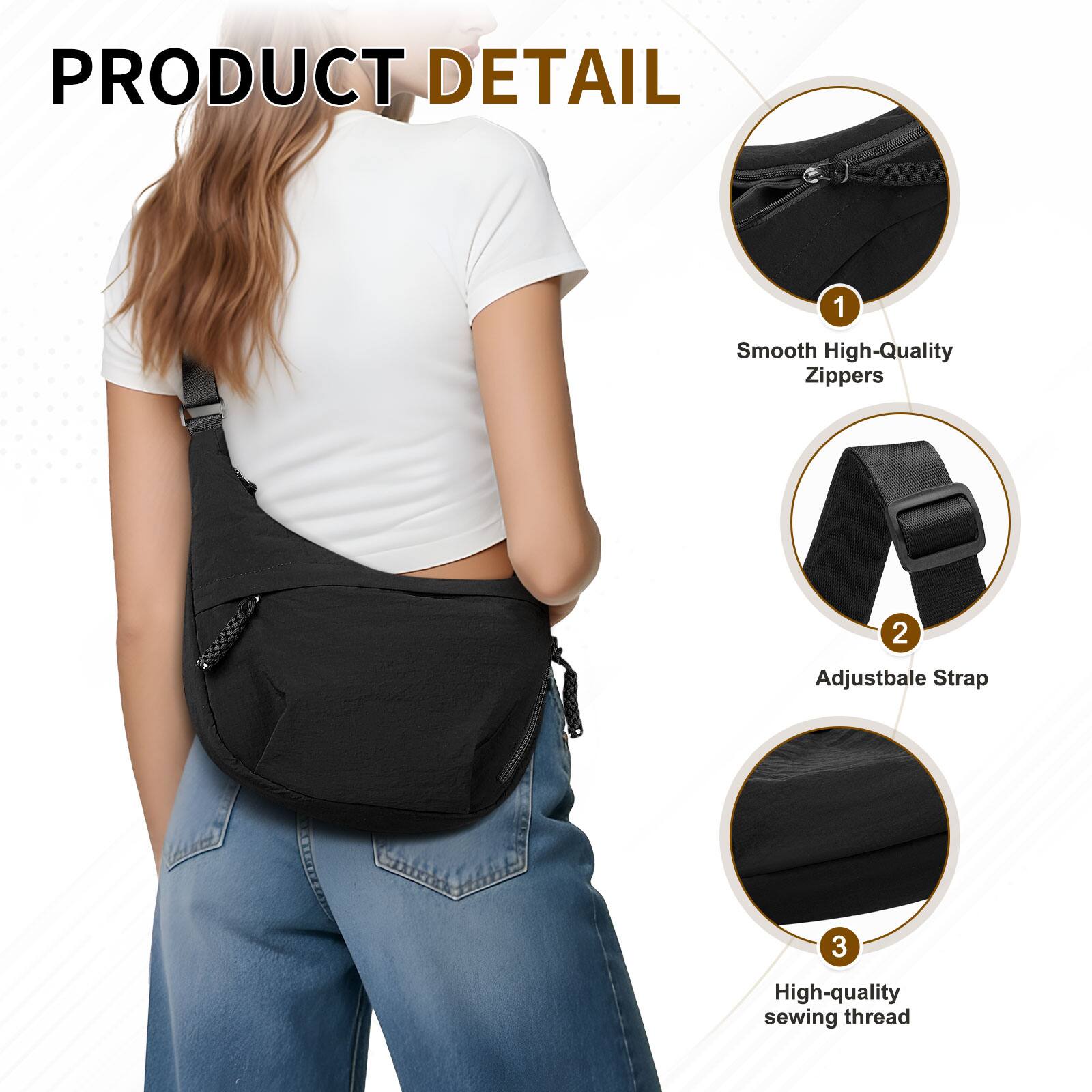 PRODUCT DETAIL

1. Smooth High-Quality Zippers
2. Adjustable Strap
3. High-quality sewing thread