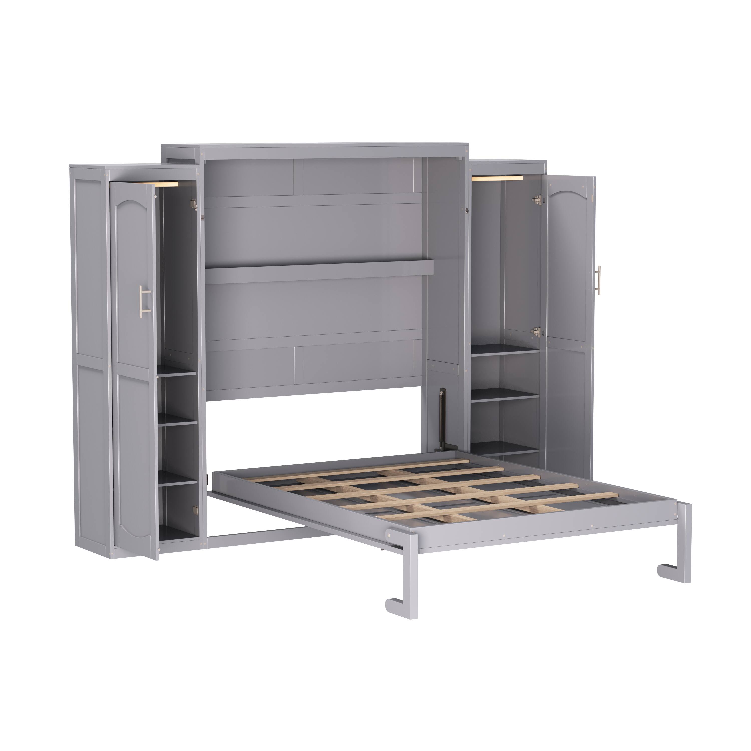 Alt View 4. Tiramisubest - Full Size Murphy Bed with 2 Wardrobe and Storage Shelf, Multifunctional Foldable Platform Bedframe, Gray - Gray.