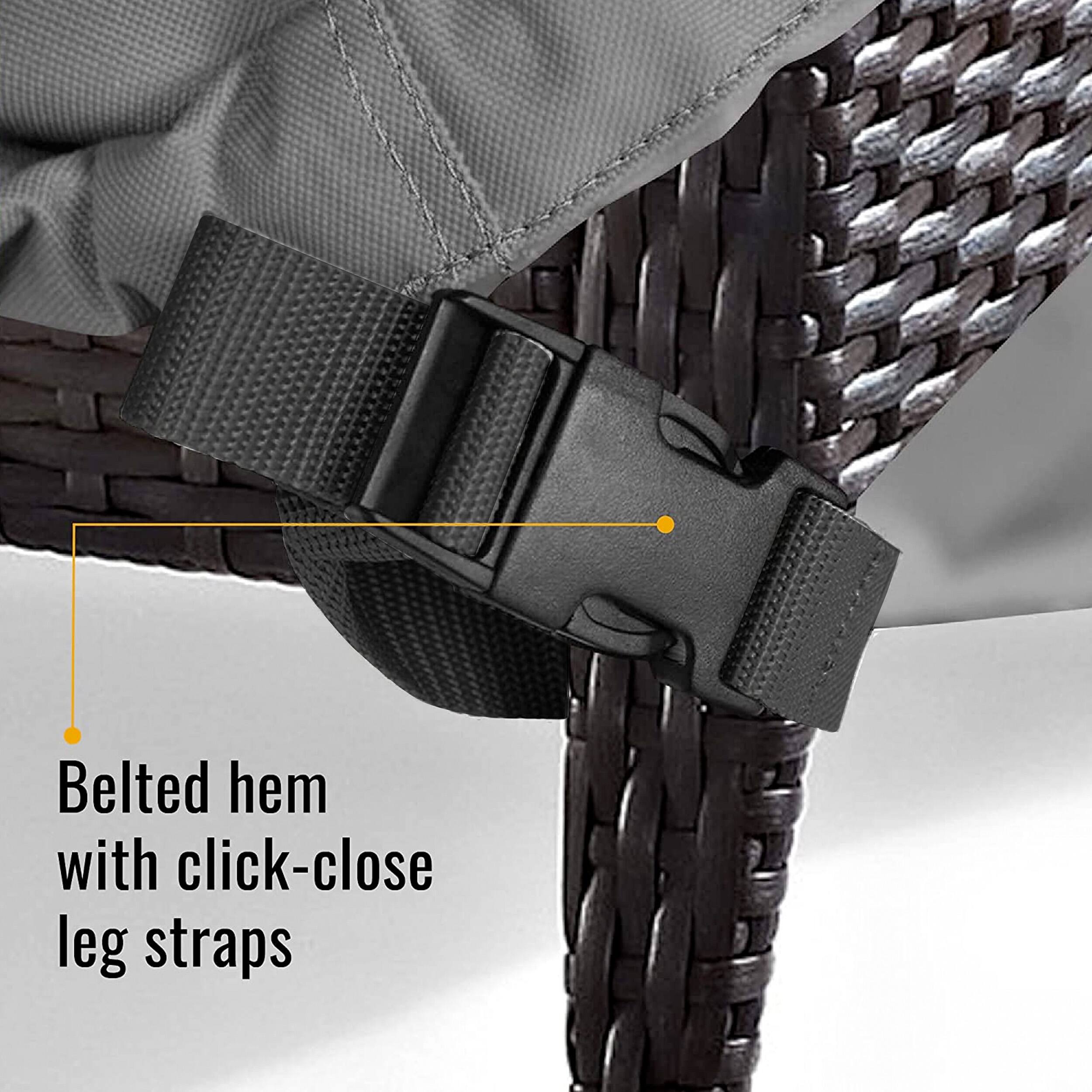 Belted hem with click-close leg straps