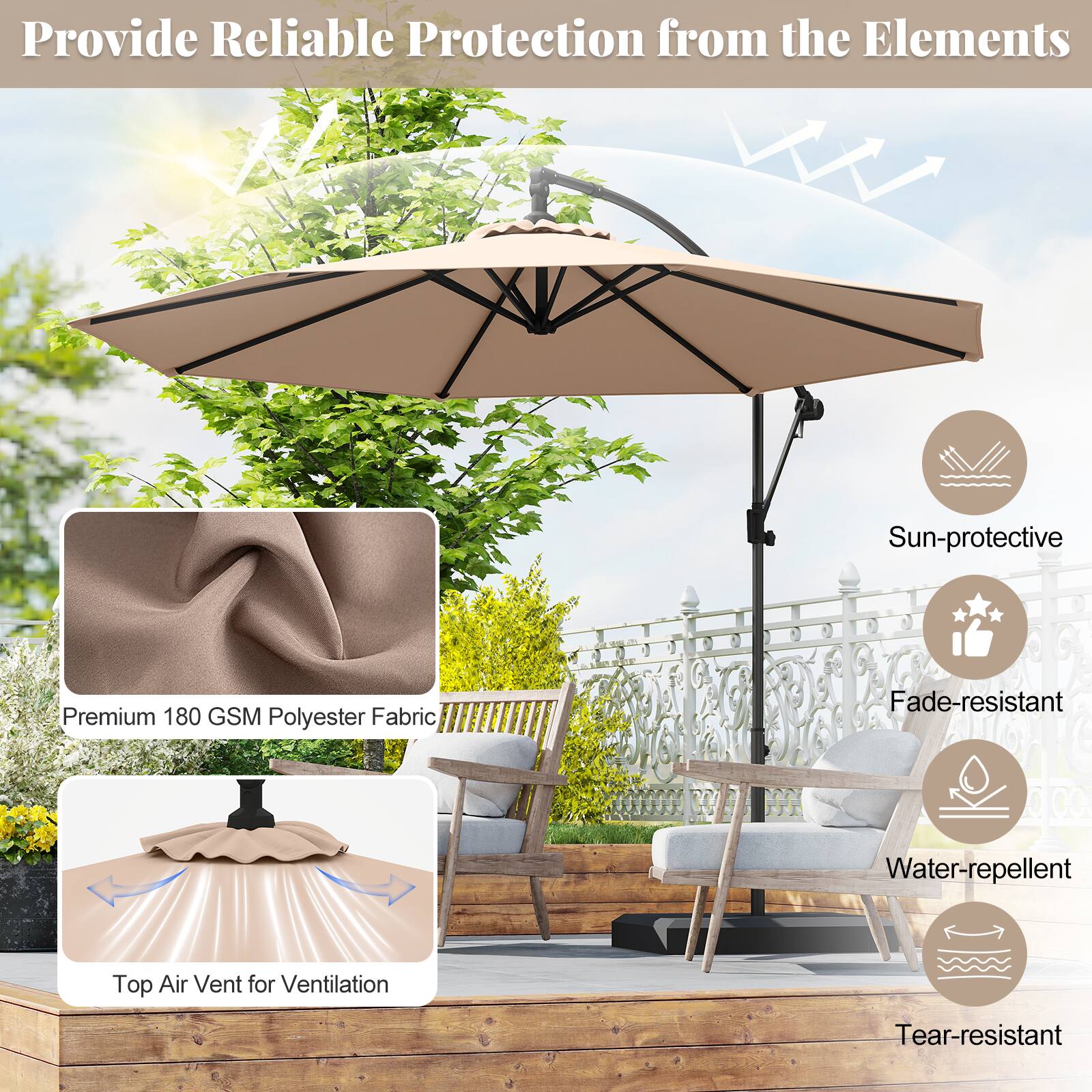 Provide Reliable Protection from the Elements

Sun-protective
Premium 180 GSM Polyester Fabric
Top Air Vent for Ventilation
Fade-resistant
Water-repellent
Tear-resistant