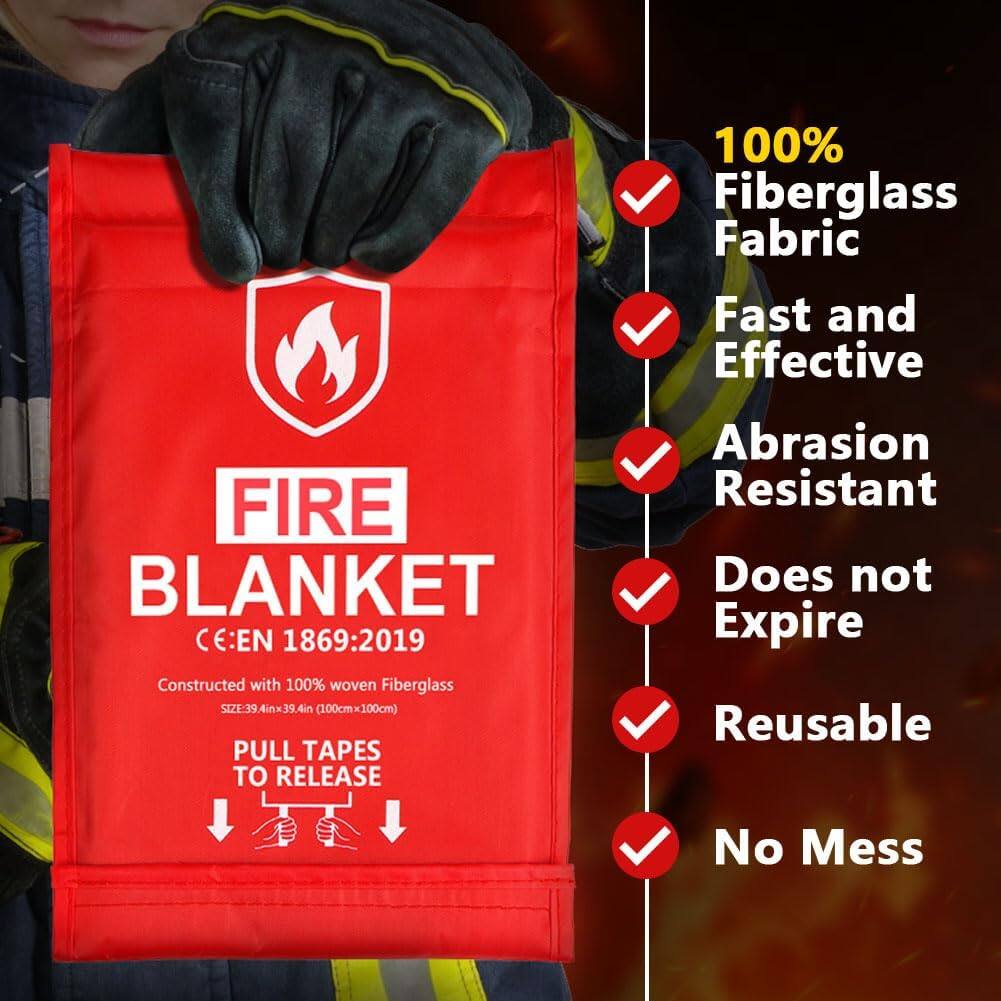 100% Fiberglass Fabric  
Fast and Effective  
FIRE BLANKET  
CE:EN 1869:2019  
Constructed with 100% woven Fiberglass  
SIZE: 39.4in x 39.4in (100cm x 100cm)  
PULL TAPES TO RELEASE  
Abrasion Resistant  
Does not Expire  
Reusable  
No Mess  

100% Fiberglass Fabric  
Fast and Effective  
Abrasion Resistant  
Does not Expire  
Reusable  
No Mess