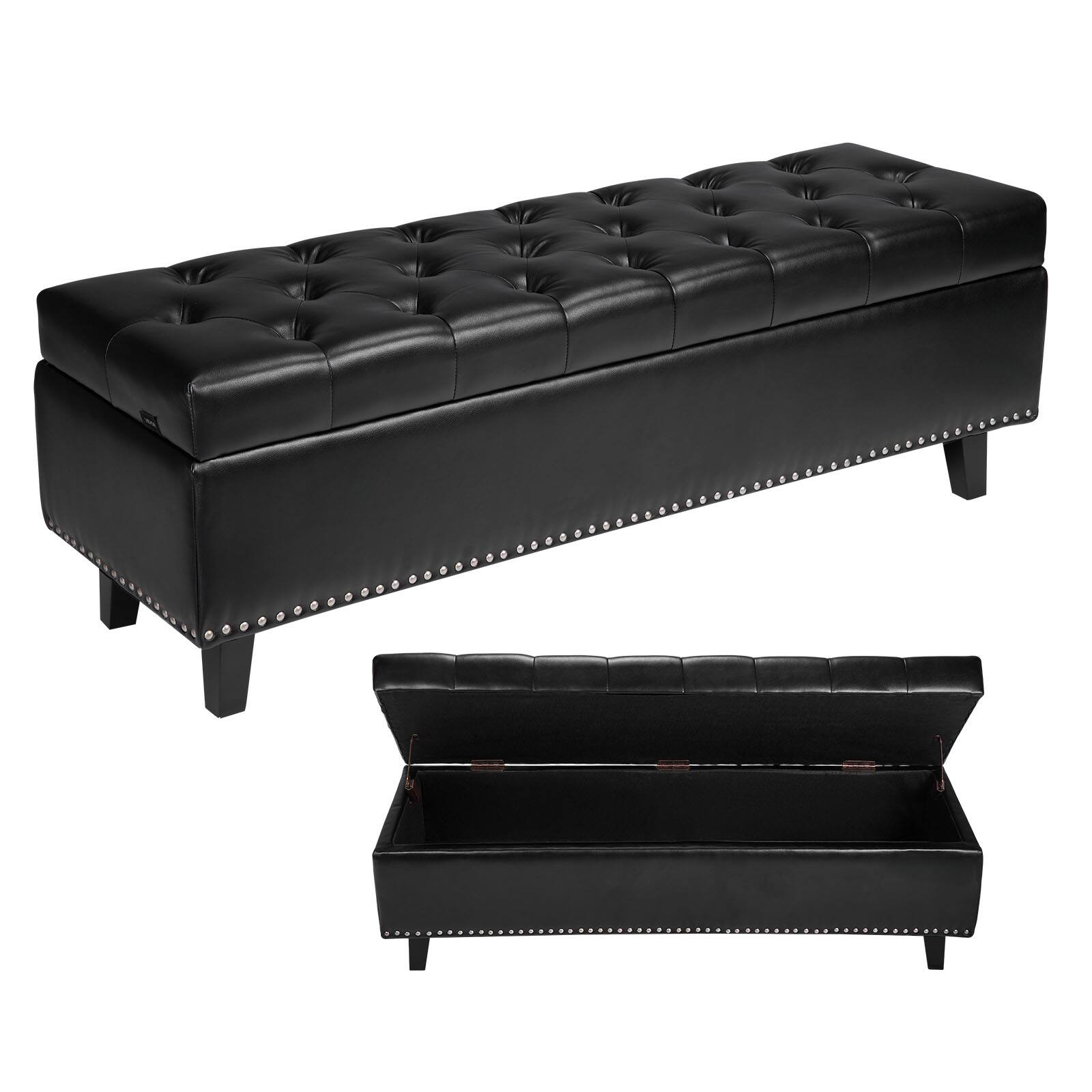 Front. VEVOR - Button-Tufted Storage Ottoman Bench, PU Leather Bench with Storage and Solid Wood Legs, Modern Shoe Benches Seat - Black.
