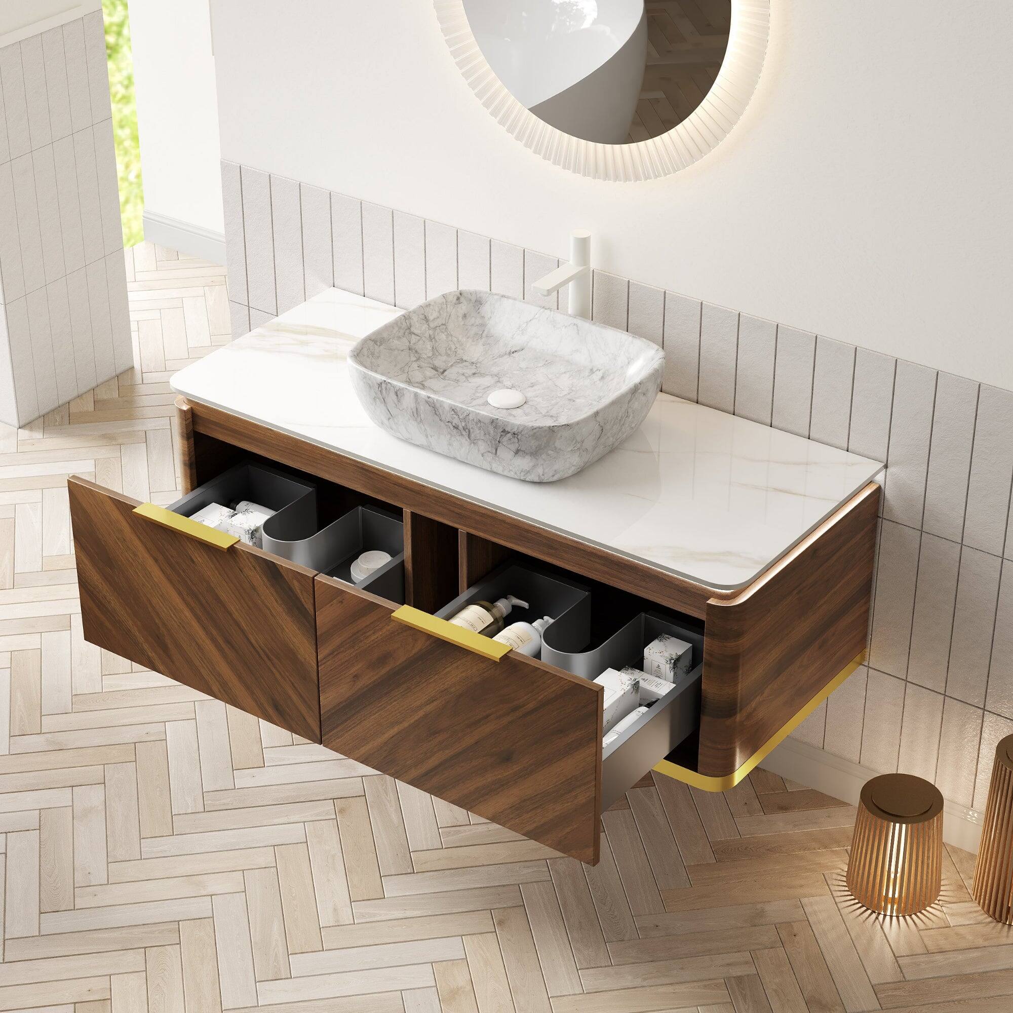 Alt View 2. Boyel Living - 48 Bathroom Vanity with Light Marble Pattern Ceramic Vessel Basin Sintered Stone Dark Walnut - Carrara White,Dark Walnut,Stone White.