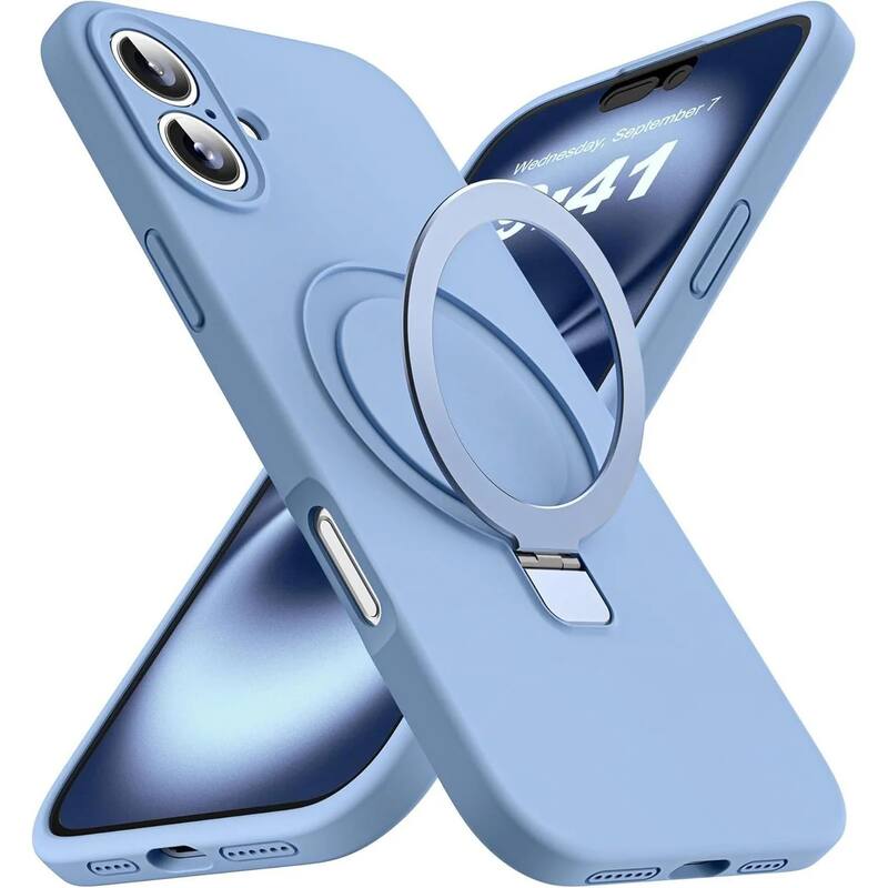 Entronix - Magnetic Case for iPhone 17 - Soft-Touch Liquid Silicone with Built-in Stand - Light Blue
