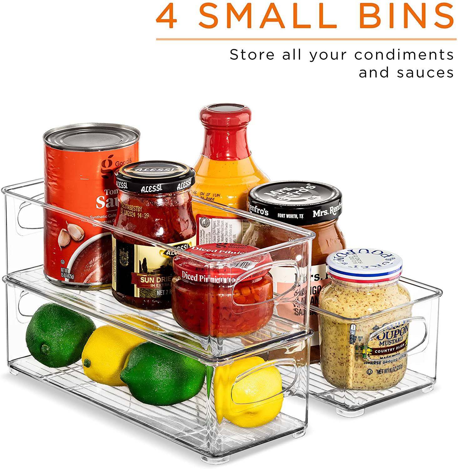 4 SMALL BINS  
Store all your condiments and sauces  

ALESSI  
SUN DRIED TOMATOES  
Diced Pineapple  
Mrs. Renfro's  
SUN DRIED TOMATOES  
GOUPON  
COUNTRY MUSTARD