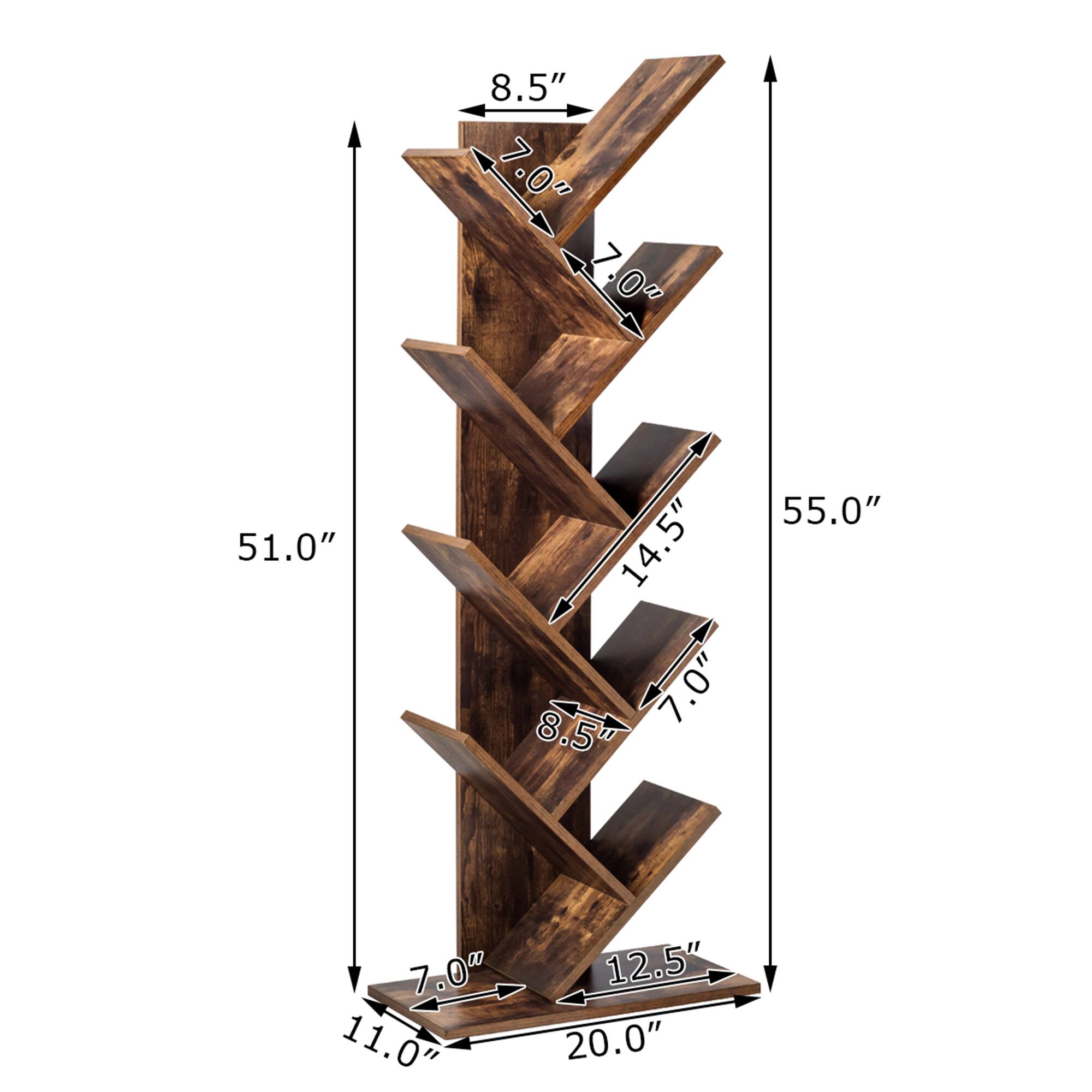 The text can be grouped as follows:

- Height: 51.0"
- Width: 20.0"
- Depth: 11.0"
- Shelf 1: 8.5"
- Shelf 2: 14.5"
- Shelf 3: 7.0"
- Shelf 4: 7.0"
- Shelf 5: 7.0"
- Shelf 6: 55.0"