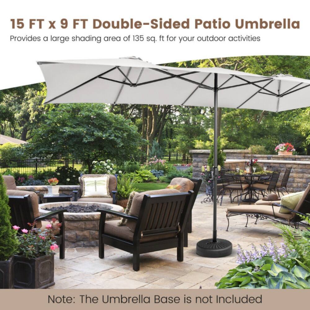 15 FT x 9 FT Double-Sided Patio Umbrella  
Provides a large shading area of 135 sq. ft for your outdoor activities  

Note: The Umbrella Base is not Included