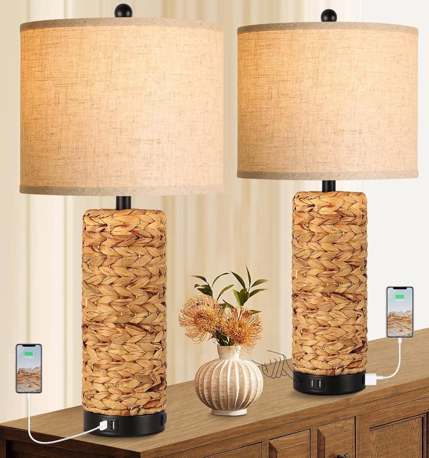 Front. Akoasm - Rustic Table Lamps Set of 2, 3-Color Temperature Dimmable Nightstand Lamps for Bedroom Living Room.