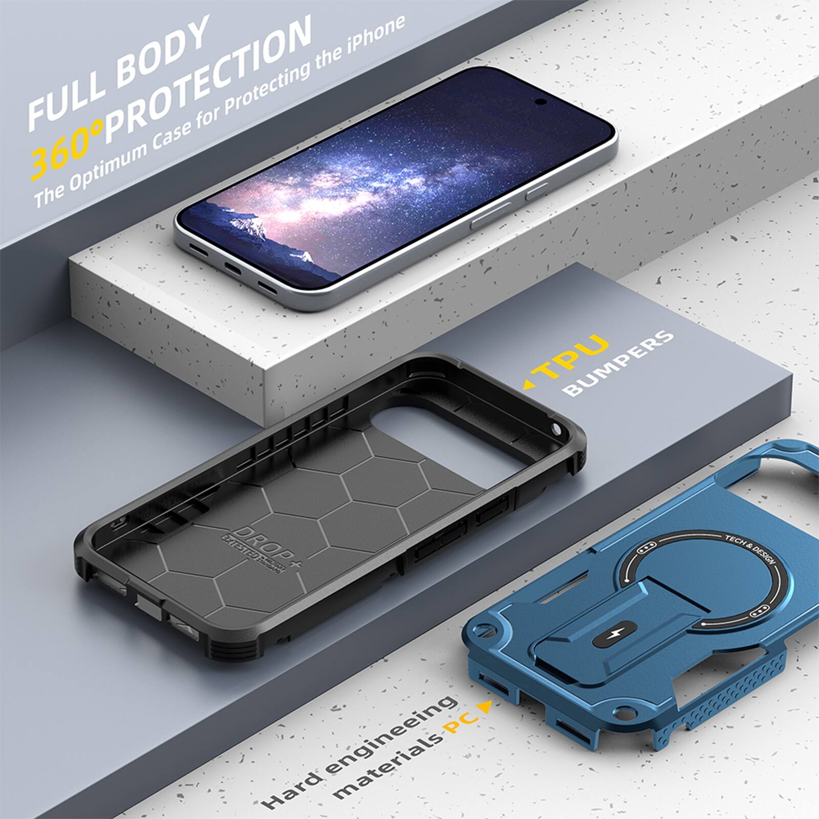 FULL BODY 360° PROTECTION  
The Optimum Case for Protecting the iPhone  

TPU BUMPERS  

Hard engineering materials PC  

DROP TESTED