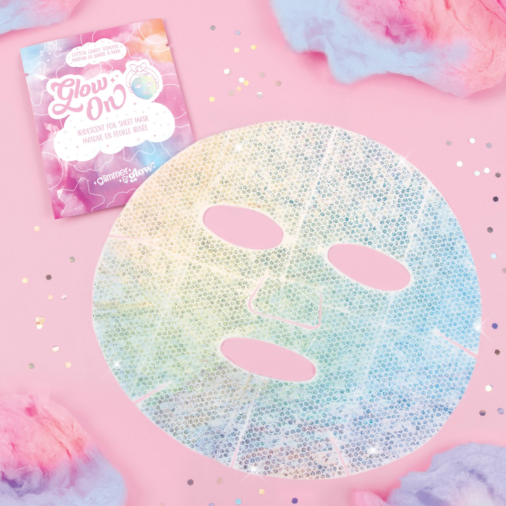 CANDY SCENTED PAPA COTTON BAREE A PARFUM DE YOU ON SHEET MASK IRIDESCENT FOIL IRISE EN FEUILLE MASQUE GLIMMER GLOW