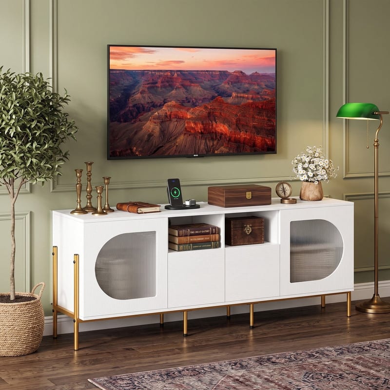 WELLFOR - Modern TV Stand for 70 Inch with Power Outlets & Drawers, Entertainment Center with 2 Doors & Open Shelves - White price history on PriceWatchPro