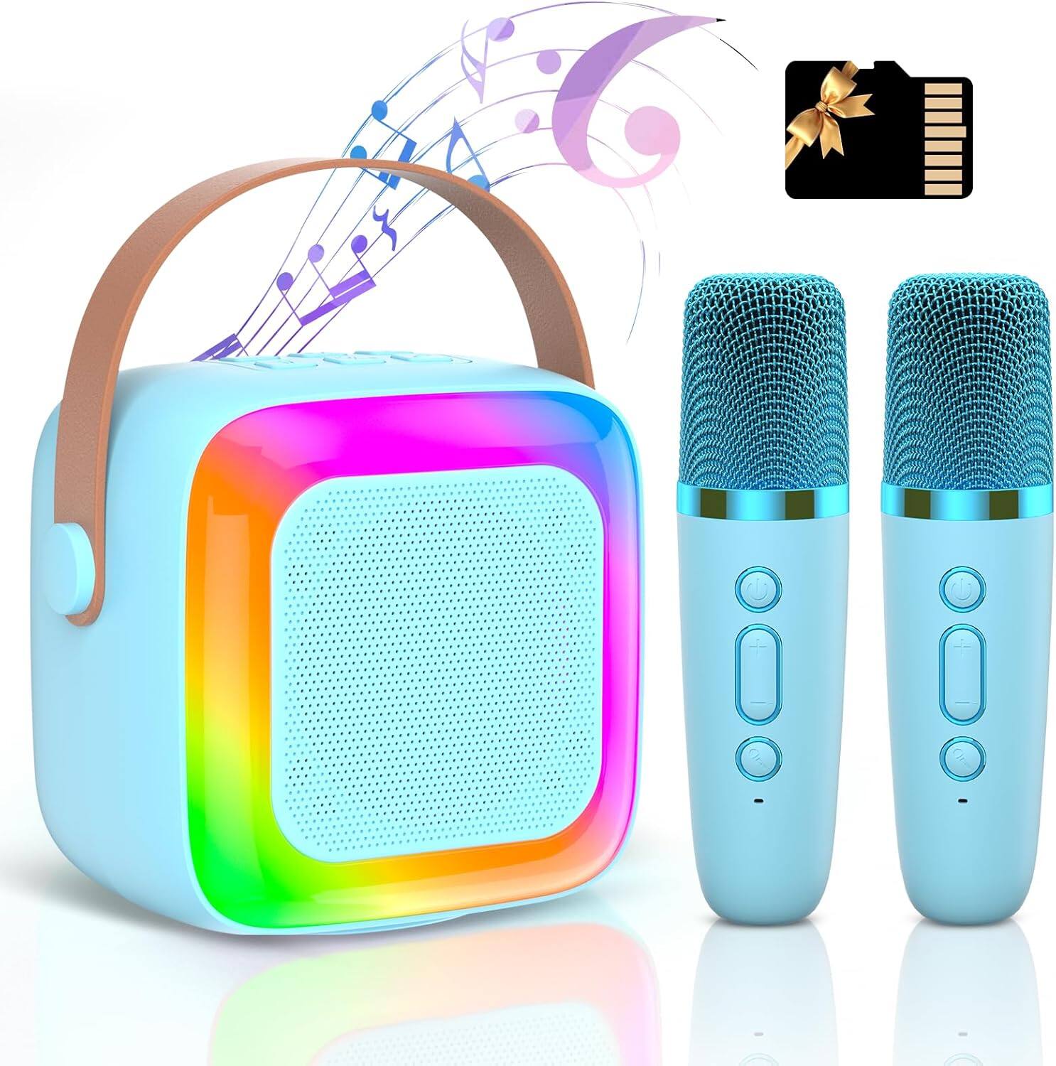 Stamp n Camp - Mini Karaoke Machine for Kids Adults,Portable Bluetooth Speaker with 2 Wireless Microphone and LED Lights,Toys Girls 4 - Blue