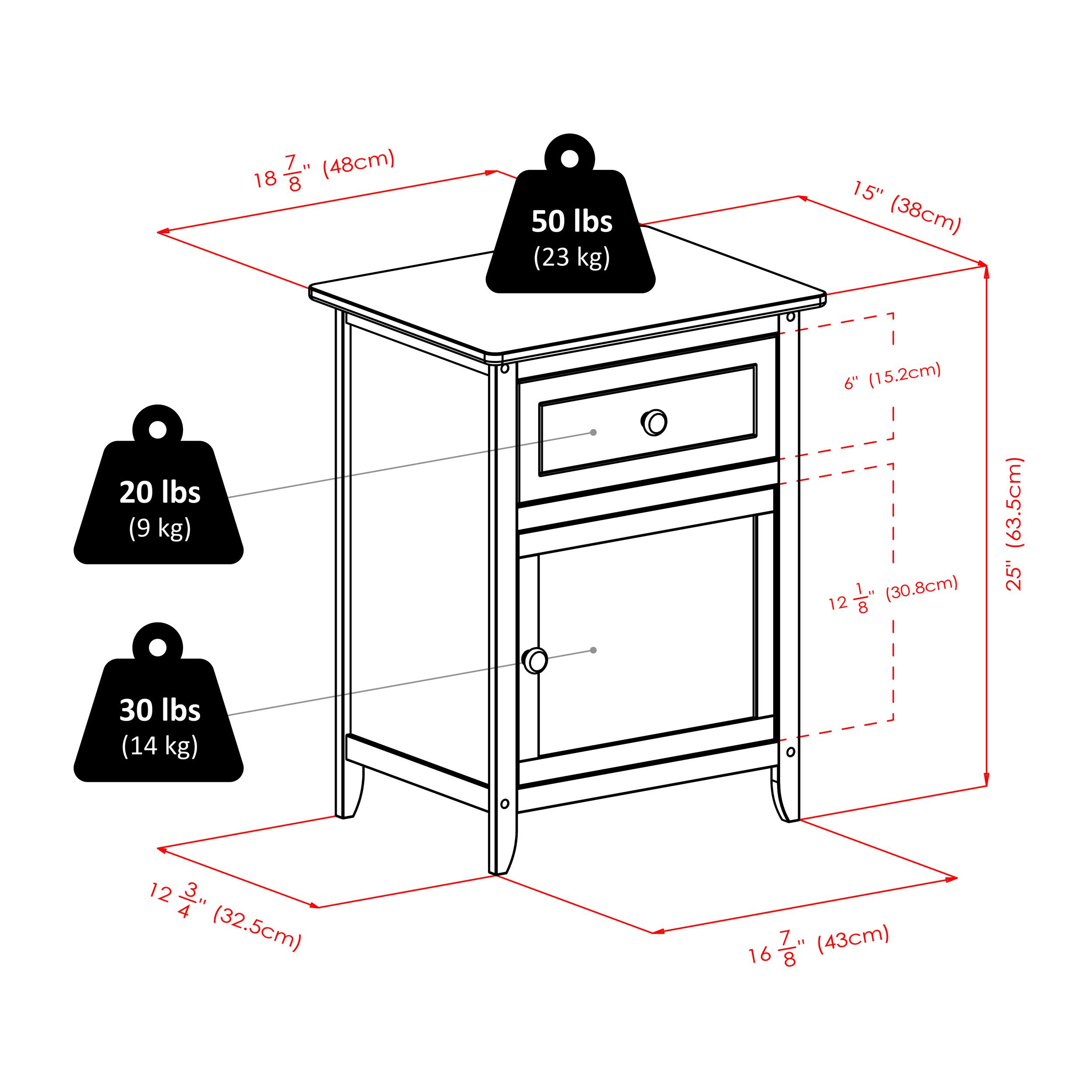 18 ¾" (48cm) 50 lbs (23 kg) 15" (38cm) 6" (15.2cm) 20 lbs (9 kg) 12 1/8" (30.8cm) 25" (63.5cm) 30 lbs (14 kg) 12 ¾" (32.5cm) 16 ¾" (43cm)