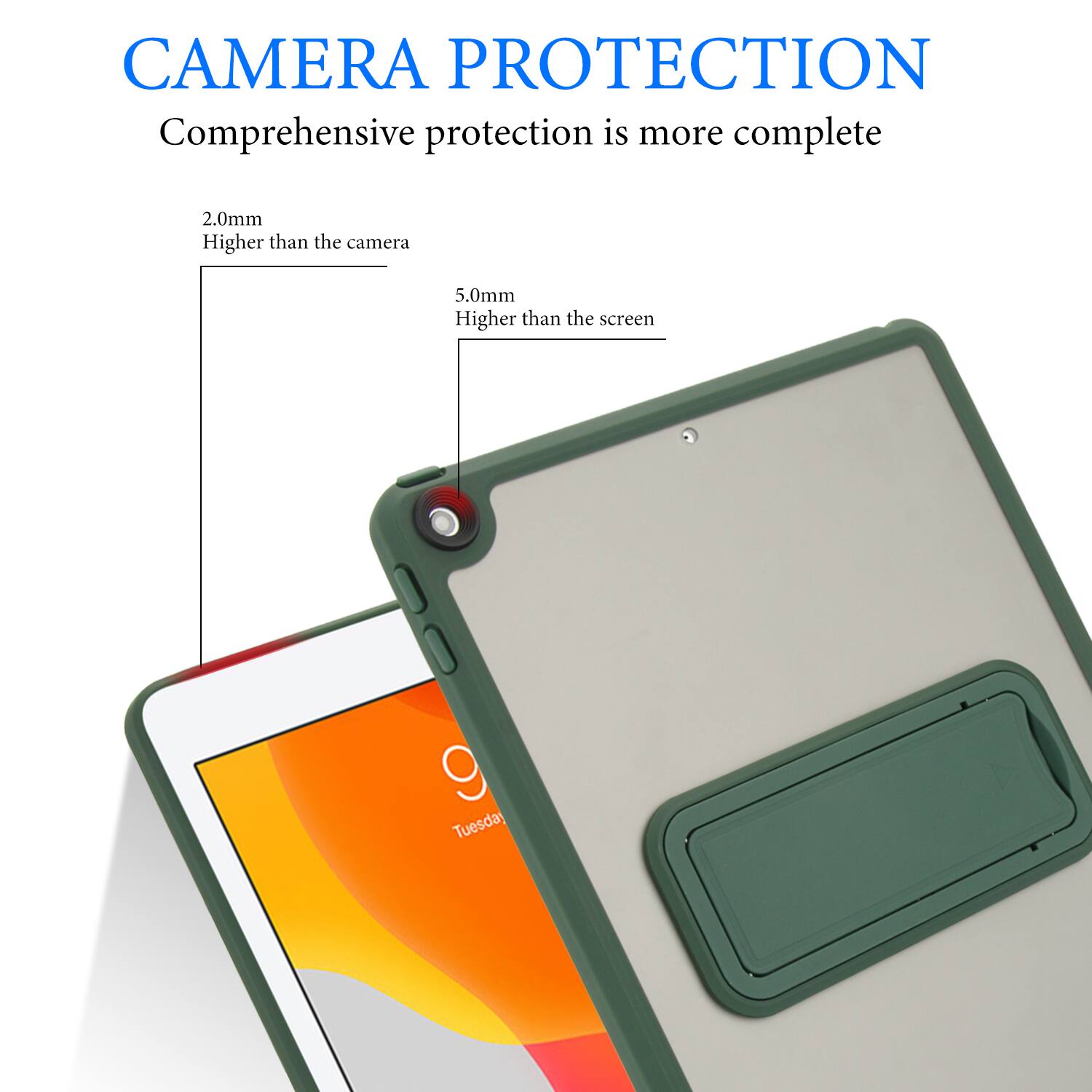 CAMERA PROTECTION  
Comprehensive protection is more complete

2.0mm  
Higher than the camera

5.0mm  
Higher than the screen

9 Tuesday