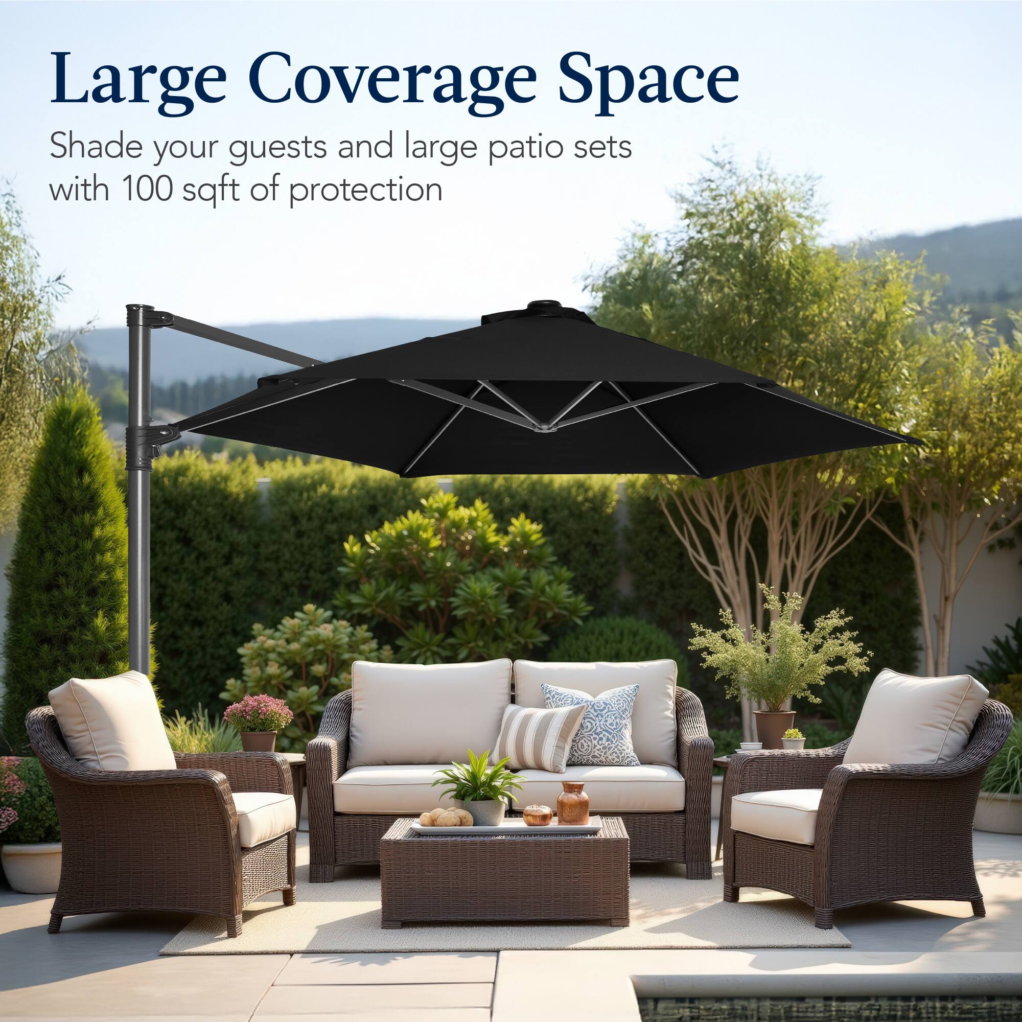 Large Coverage Space

Shade your guests and large patio sets with 100 sqft of protection.