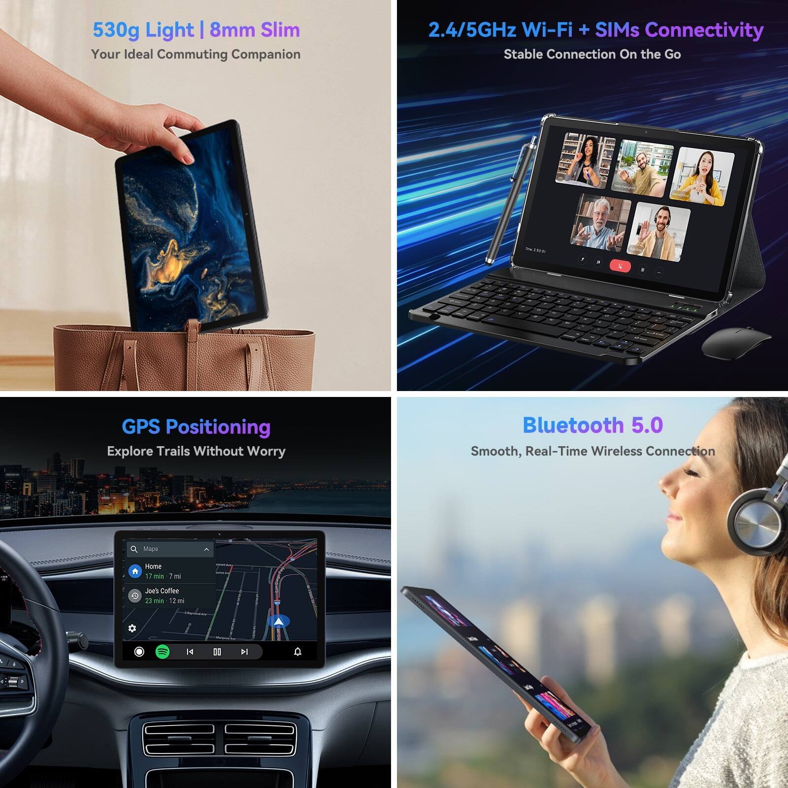 530g Light | 8mm Slim  
Your Ideal Commuting Companion

2.4/5GHz Wi-Fi + SIMs Connectivity  
Stable Connection On the Go

GPS Positioning  
Explore Trails Without Worry

Bluetooth 5.0  
Smooth, Real-Time Wireless Connection