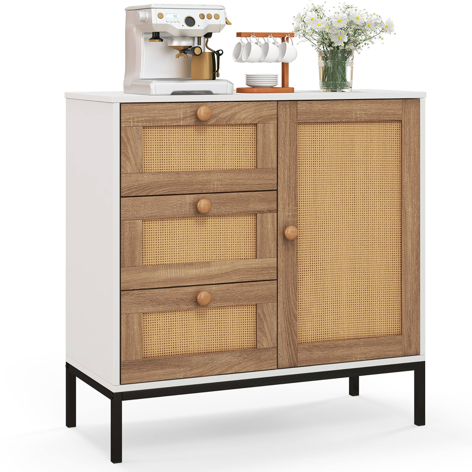 Alt View 9. Gymax - Gymax Set of 2 Rattan Sideboard Buffet Cabinet Accent Cabinet w/ 1 Door & 3 Drawers - White, Natural, Black.