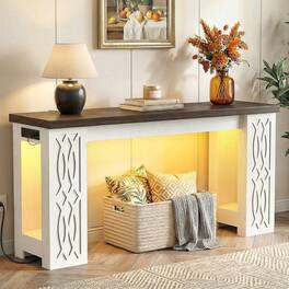 Aheaplus - 63' Farmhouse Console Table - Narrow Entryway Table with Charging Station and RGB LED Lights - White & Walnut