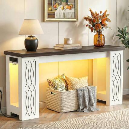 Front. Aheaplus - 63' Farmhouse Console Table - Narrow Entryway Table with Charging Station and RGB LED Lights - White & Walnut.
