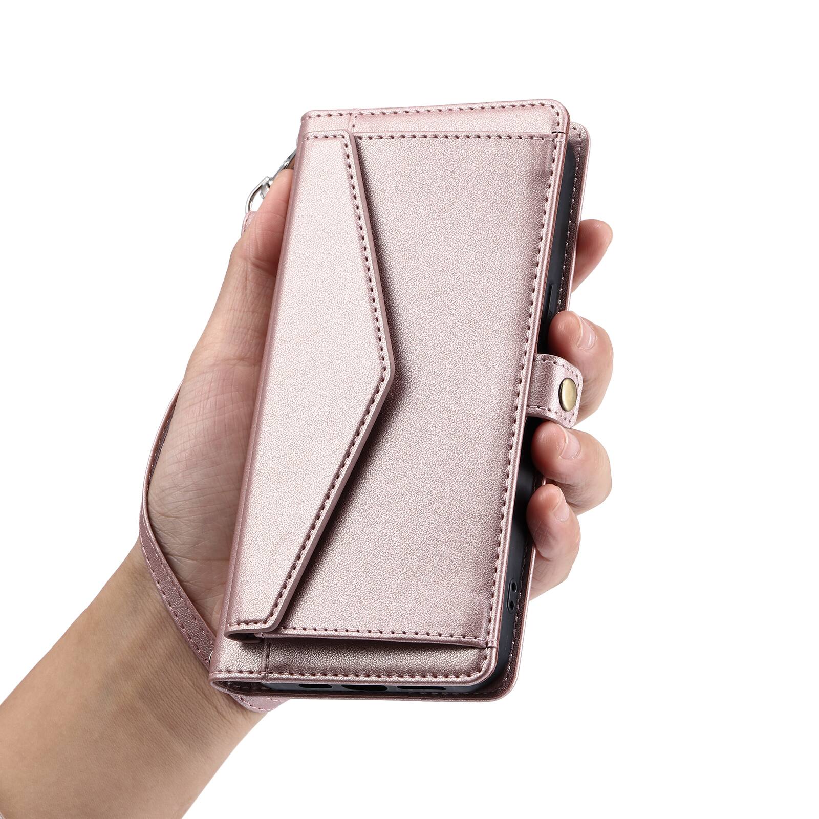 Alt View 3. Dteck - Foilo Wallet Case for Apple iPhone 17,Shockproof Card Holder PU Leather Magnetic Snap Phone Cover with Lanyard - Rosegold.