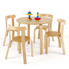 Gymax - 5-Piece Kids Wooden Curved Back Activity Table & Chair Set w/Toy Bricks - Natural