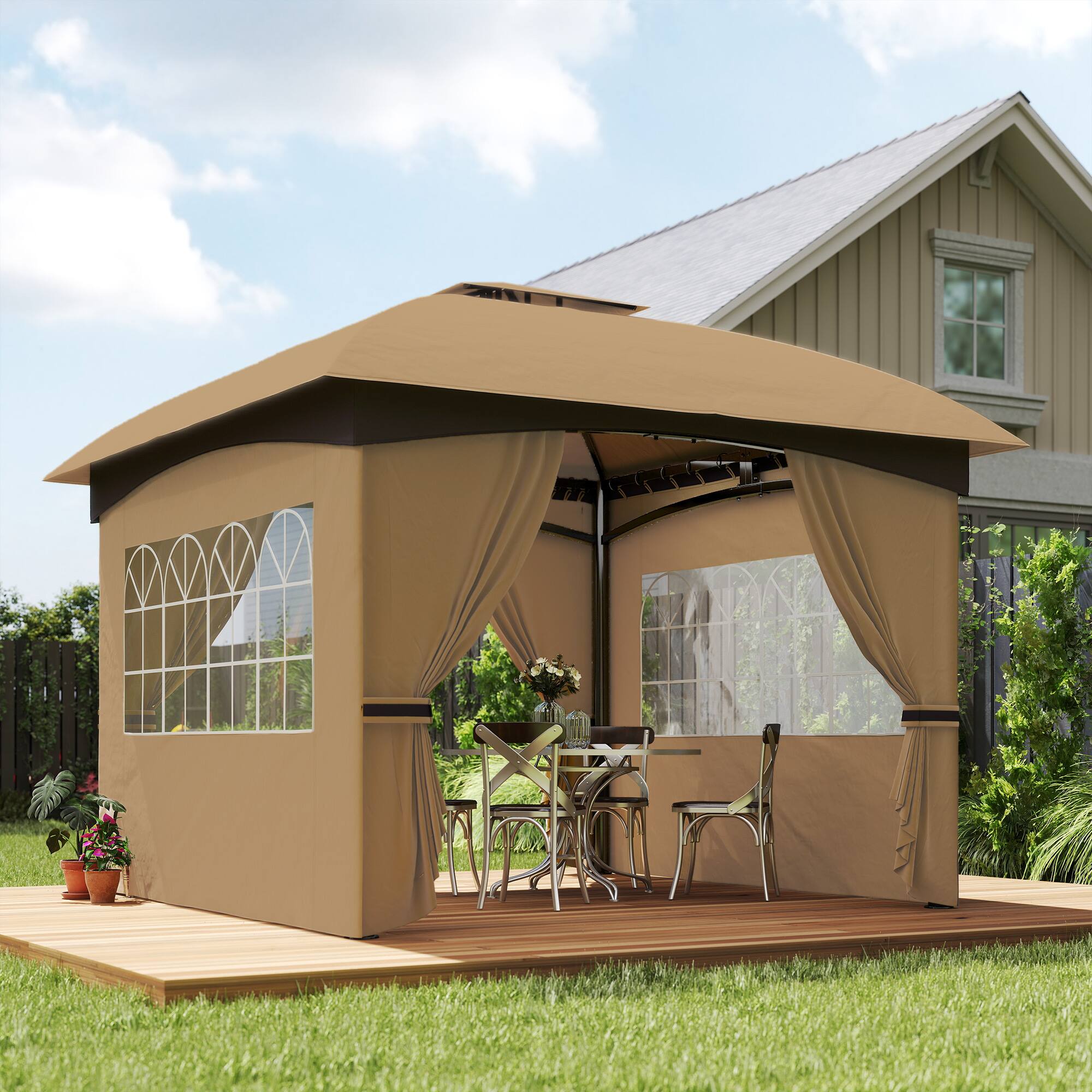 Angle. Outsunny -  11' x 11' Outdoor Gazebo, Arc Patio Gazebo Canopy Shelter, UV Protected, with Curtains, Church Windows - Beige.