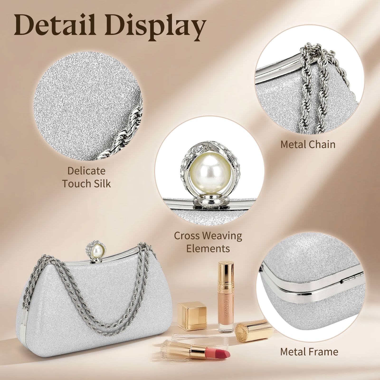 Detail Display

- Delicate Touch Silk
- Metal Chain
- Cross Weaving Elements
- Metal Frame
