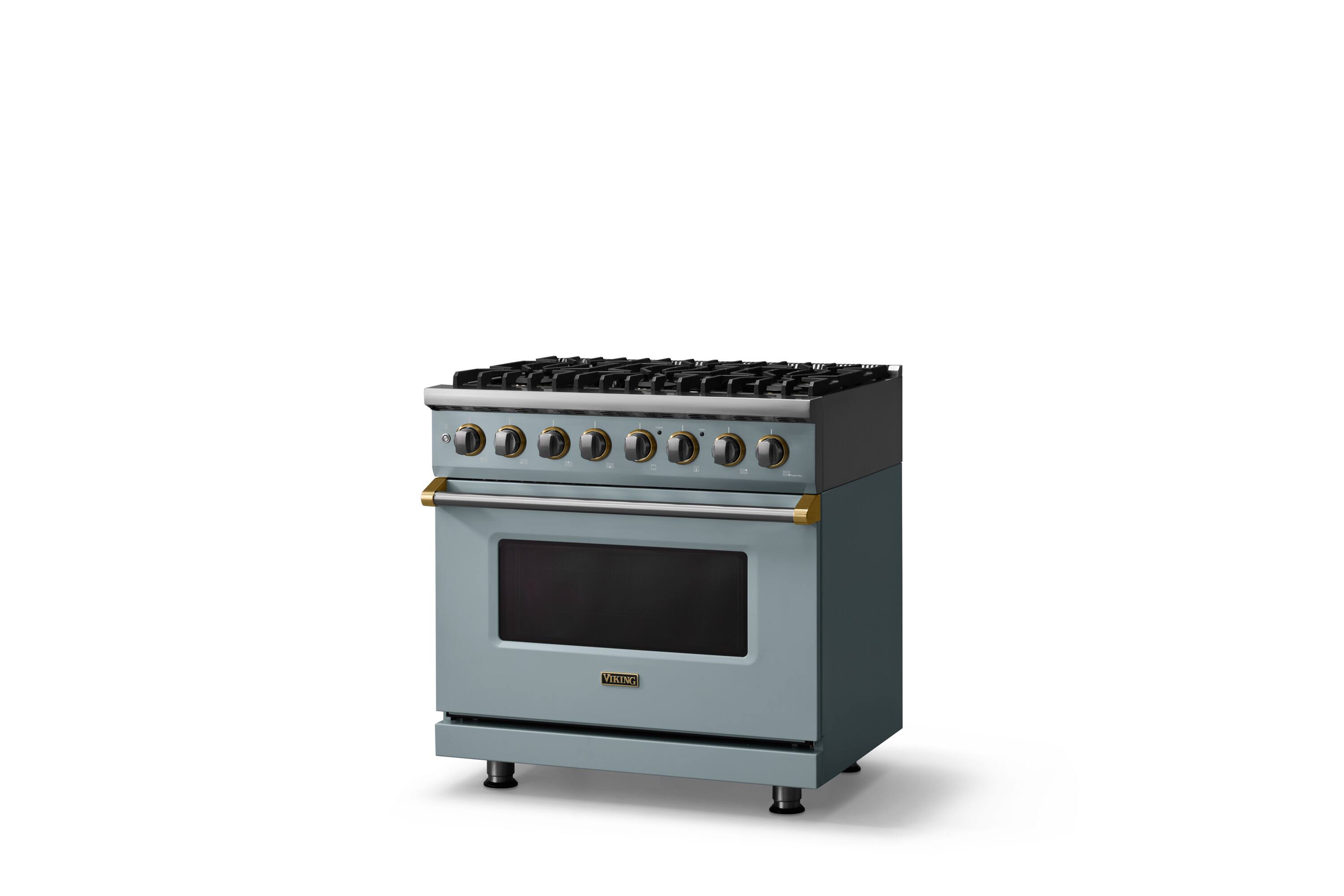 Angle. Viking - 36"W 5.6 Cu.Ft. Pro5S Freestanding Sealed 6 Burner Dual Fuel Convection LP Range - November Sky w. Brushed Brass Trim - November Sky.