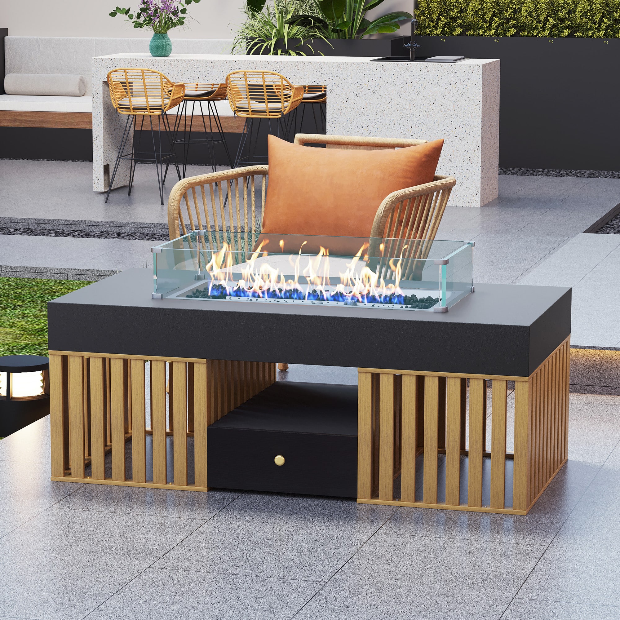 luck idea - Indoor & Outdoor Natural Gas Fire Pit Coffee Table with Tempered Glass Wind Shield, Double Storage Drawers - Black