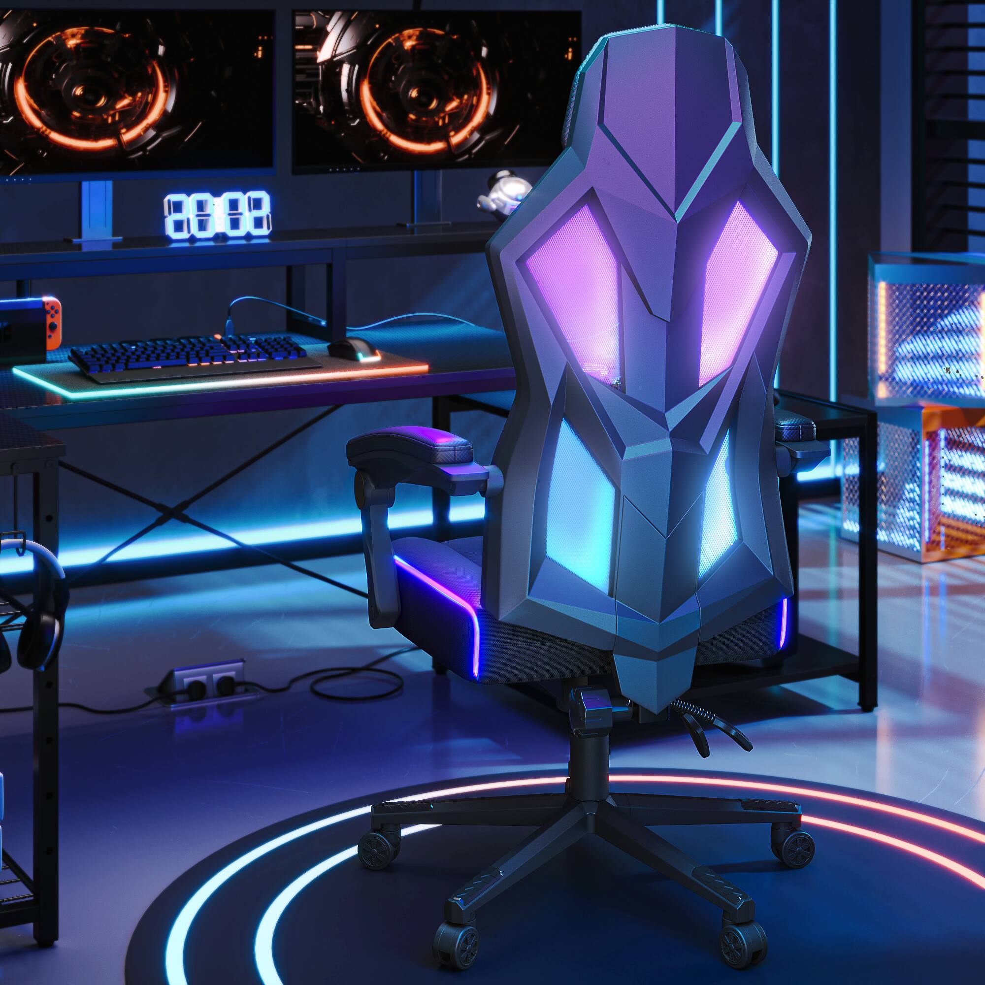 Alt View 6. Bestier - RGB Gaming Chair with LED Lights Ergonomic Cushion & Breathable Mesh Back Computer Chair - Black.