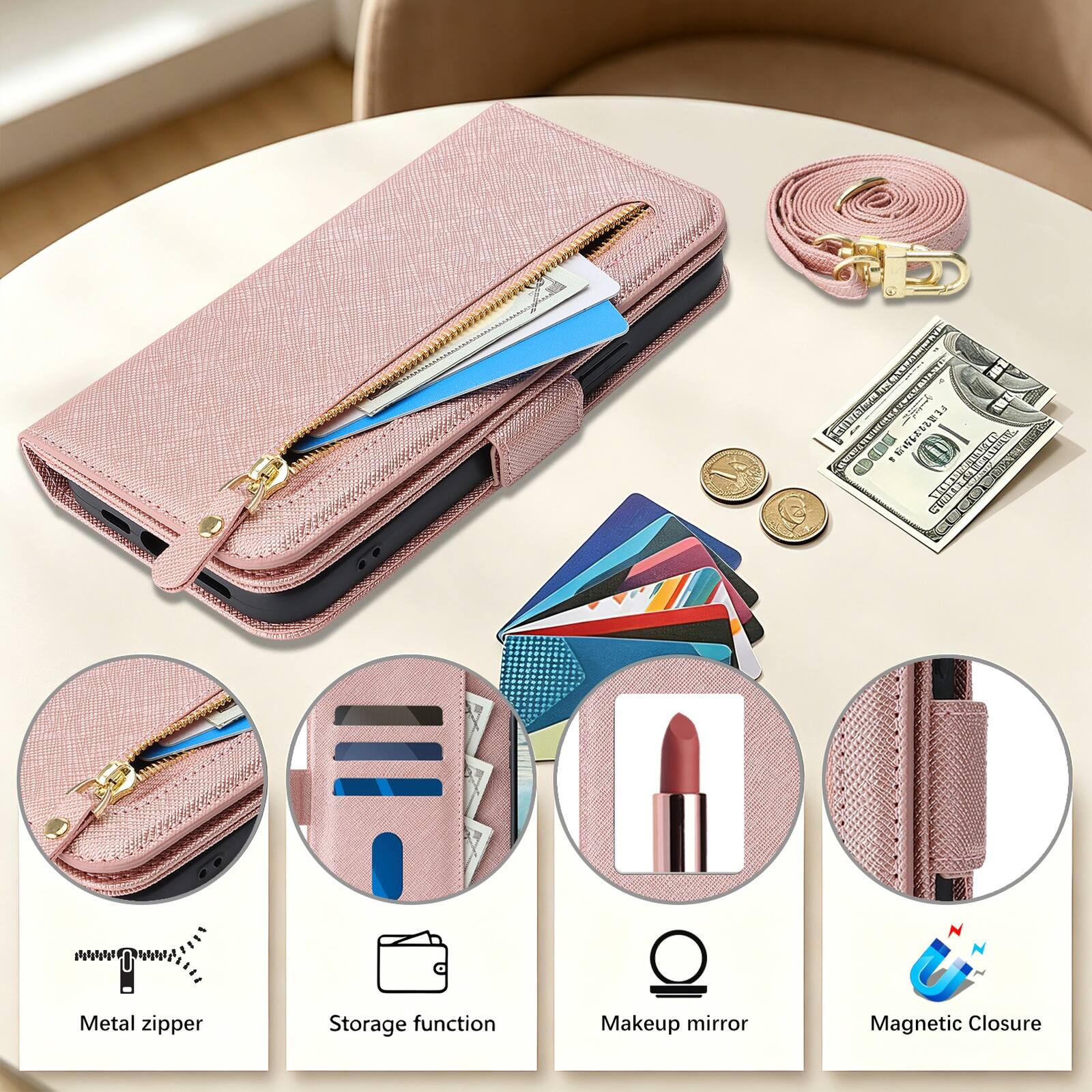 IT'S S E 2  I FT IAN  Sc  -  :   F 1 1DA  LUS GENS   Metal zipper Storage function Makeup mirror Magnetic Closure