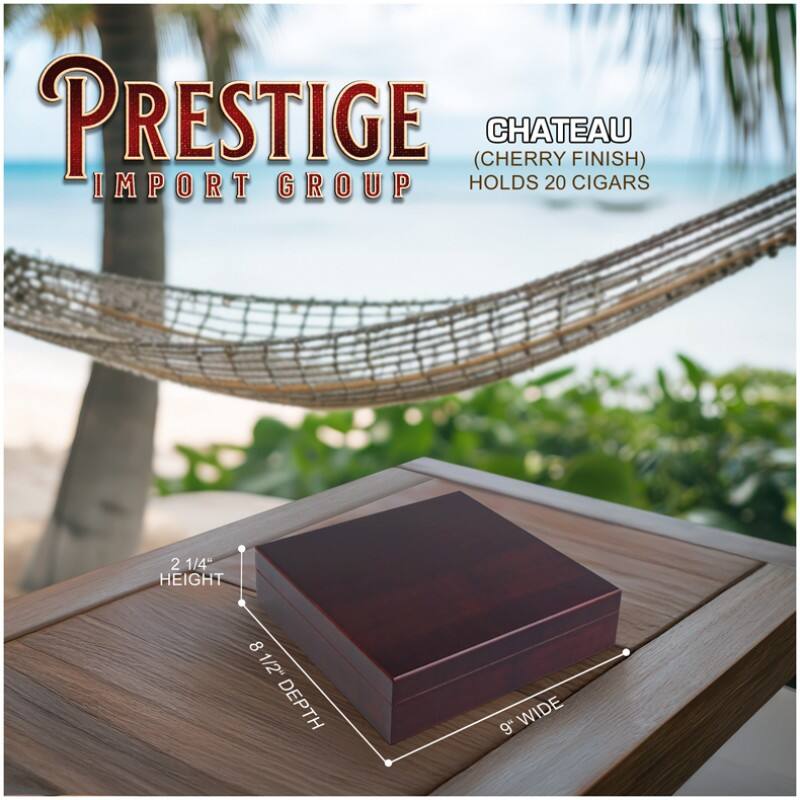 PRESTIGE (CHERRY CHATEAU FINISH) IMPORT GROUP HOLDS 20 CIGARS  
2 1/4" HEIGHT  
8 1/2" DEPTH  
9" WIDE
