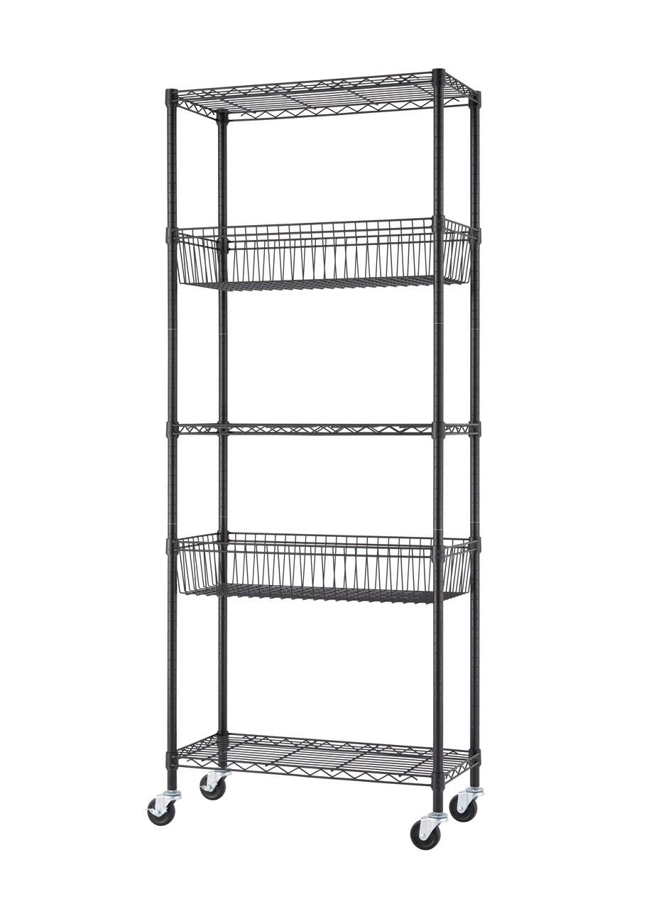 Angle. TRINITY - 5-Tier 30x14x72 Modular Commercial Wire Shelving NSF w/ Baskets & Wheels Black - Black.