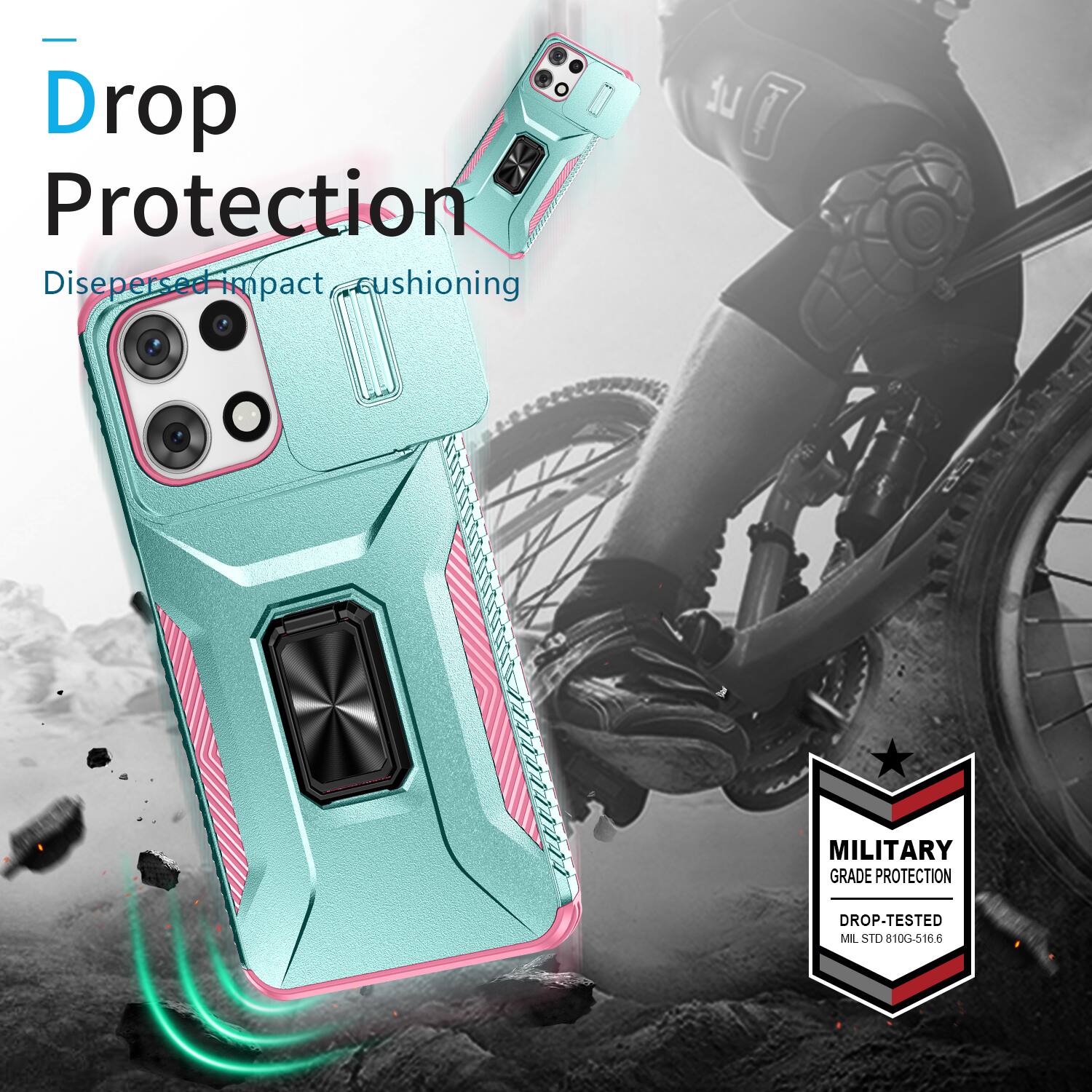 - Drop Protection Dispersed impact cushioning
- 14 MILITARY GRADE PROTECTION
- DROP-TESTED MIL STD 810G-516.6