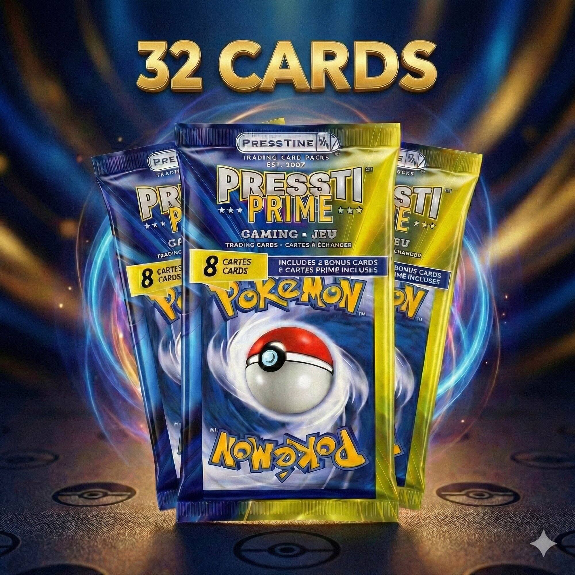 32 CARDS  
PRESTINE TRADING CARD PACKS  
EST. 2007  
TRADING CARDS  
GAMING JEJ  
8 CARDS  
INCLUDES 2 BONUS CARDS  
POKÉMON