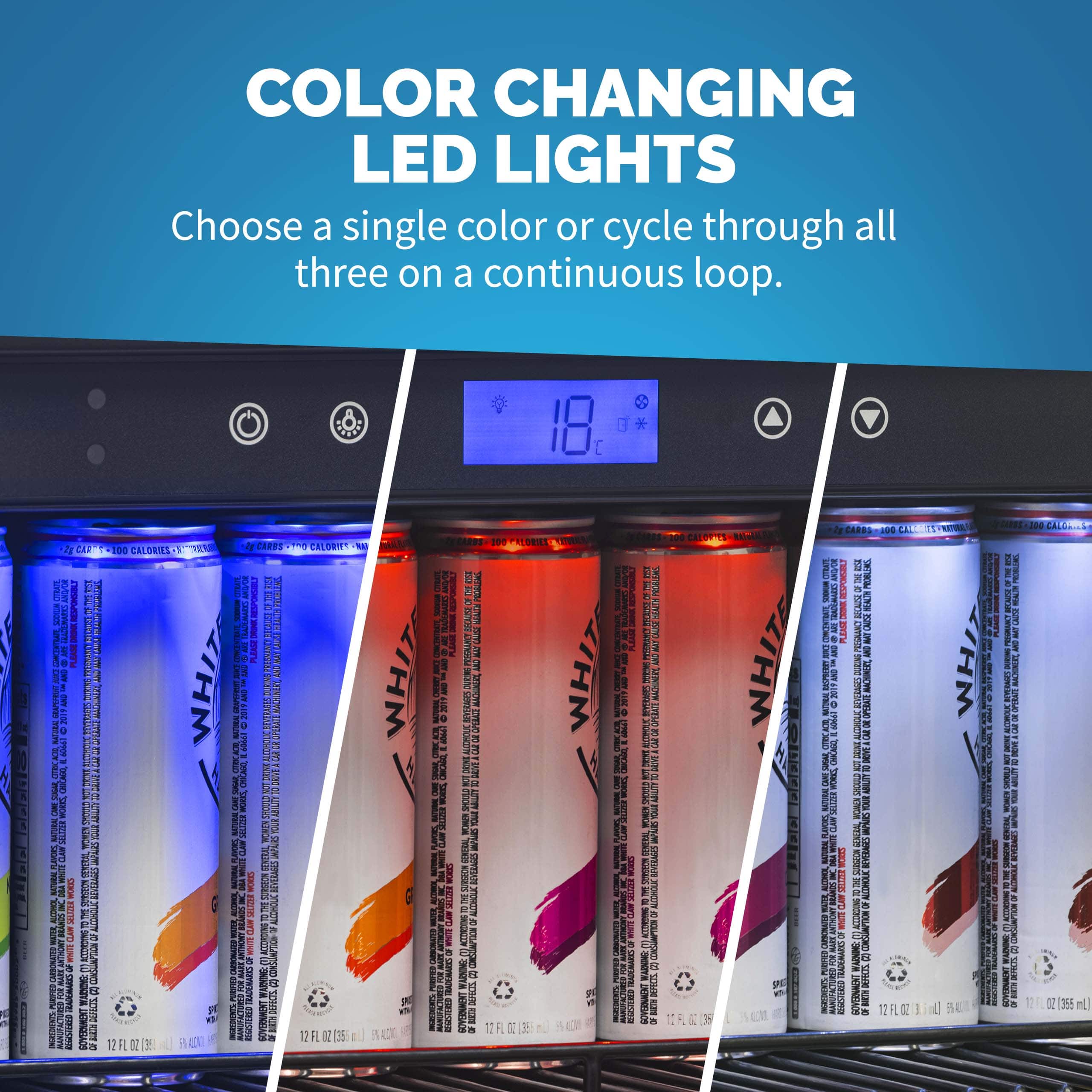 Color Changing LED Lights: Choose a single color or cycle through all three on a continuous loop.
Calories: 180
Caffeine: 180 mg
Sugar: 0 g
Serving Size: 1 can (356 mL)
Ingredients: Water, Natural Flavors, Citric Acid, Sodium Citrate, Sodium Benzoate, Potassium Sorbate, Acesulfame Potassium, Sucralose, FD&C Yellow #5.