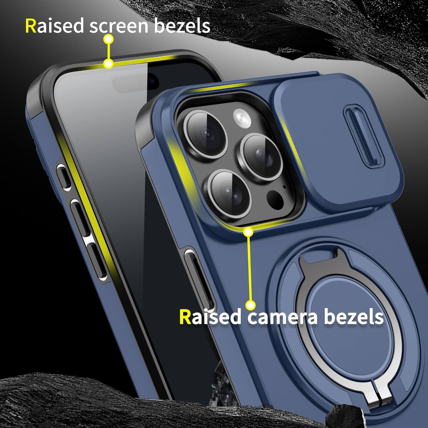 Raised screen bezels  
Raised camera bezels