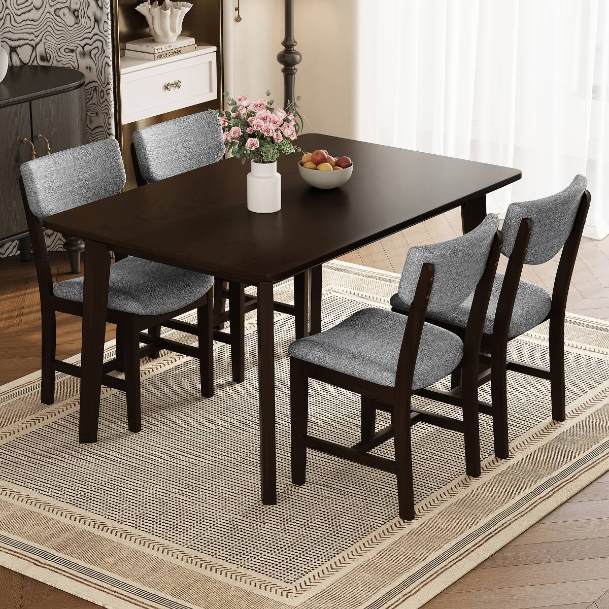 Loheer 5 Piece Dining Set for 4, Farmhouse Table with Upholstered ...