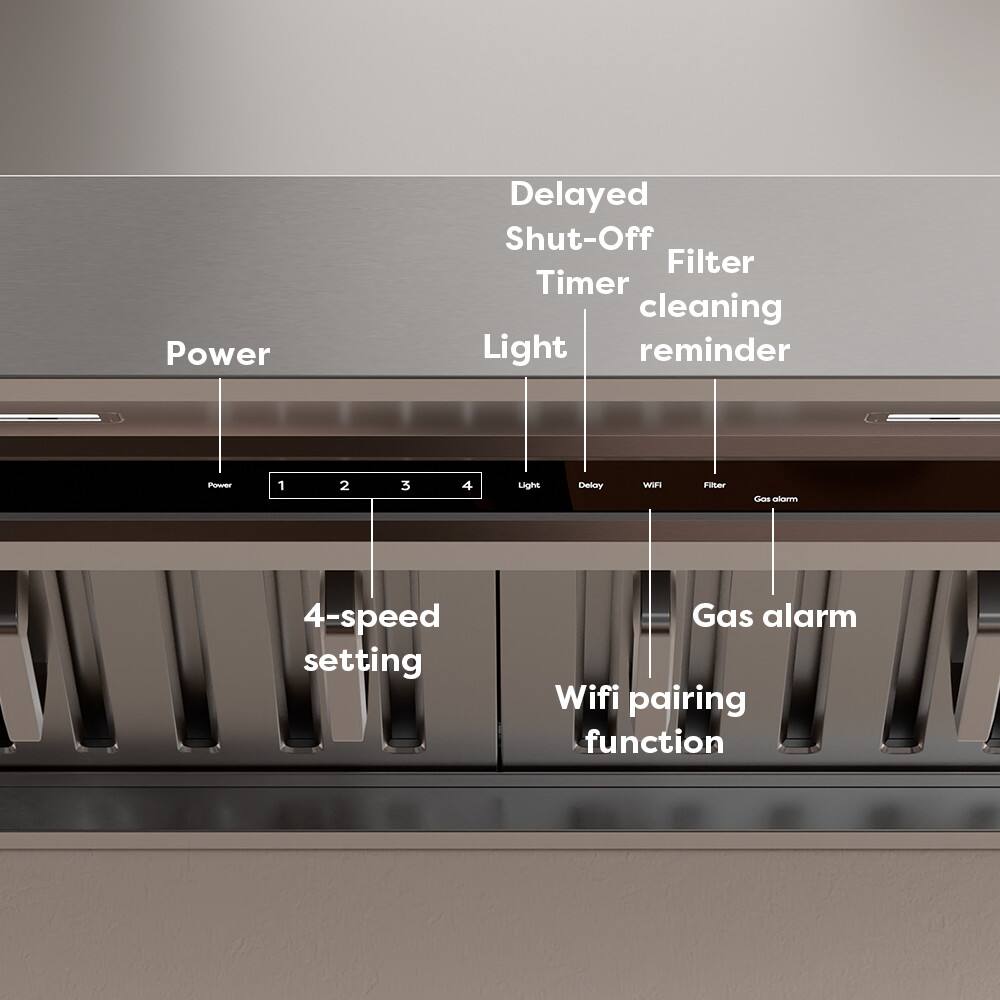 - Power
- Light
- Delayed Shut-Off Timer
- Filter cleaning reminder
- 4-speed setting
- Gas alarm
- Wifi pairing function
