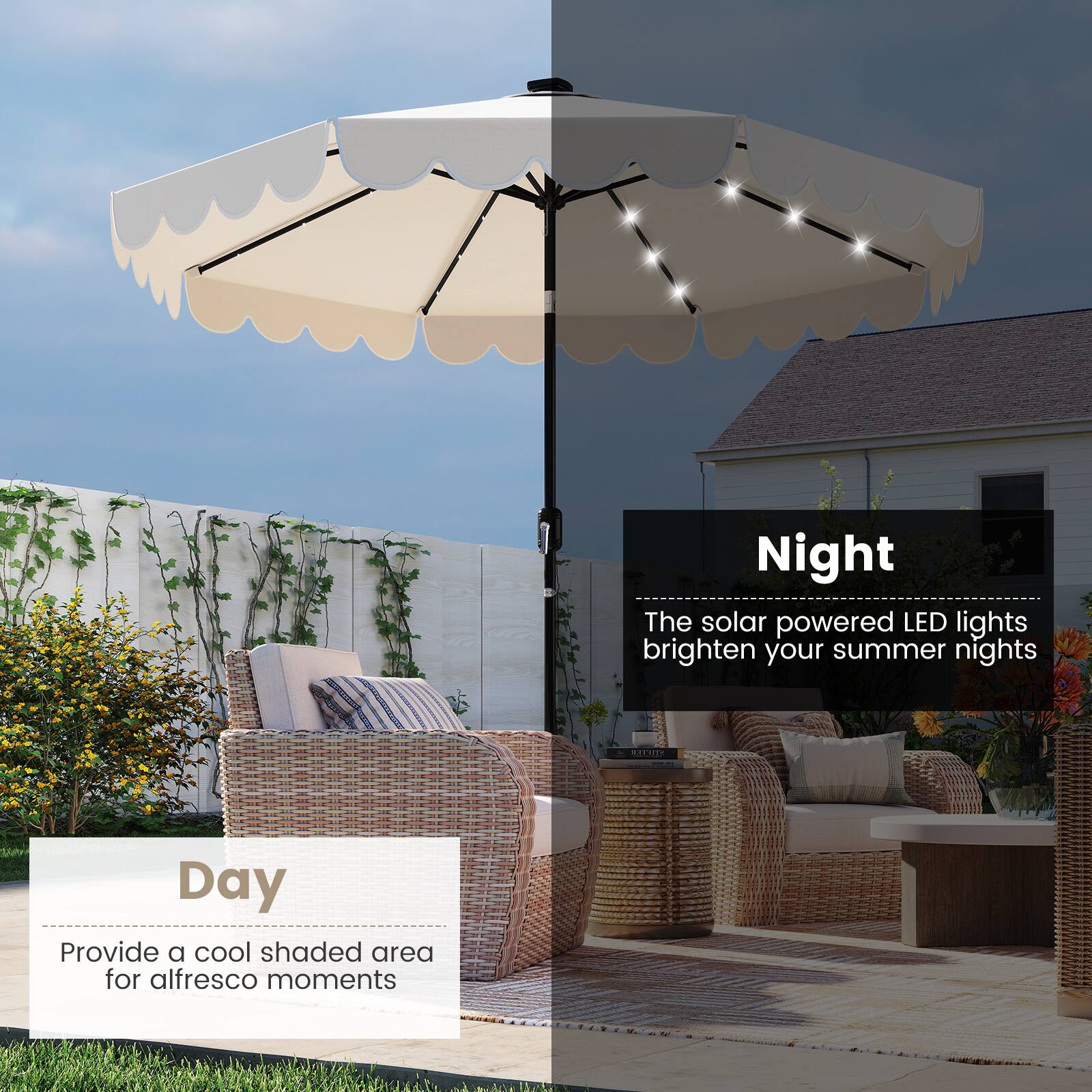 Night: The solar powered LED lights brighten your summer nights
Day: Provide a cool shaded area for alfresco moments