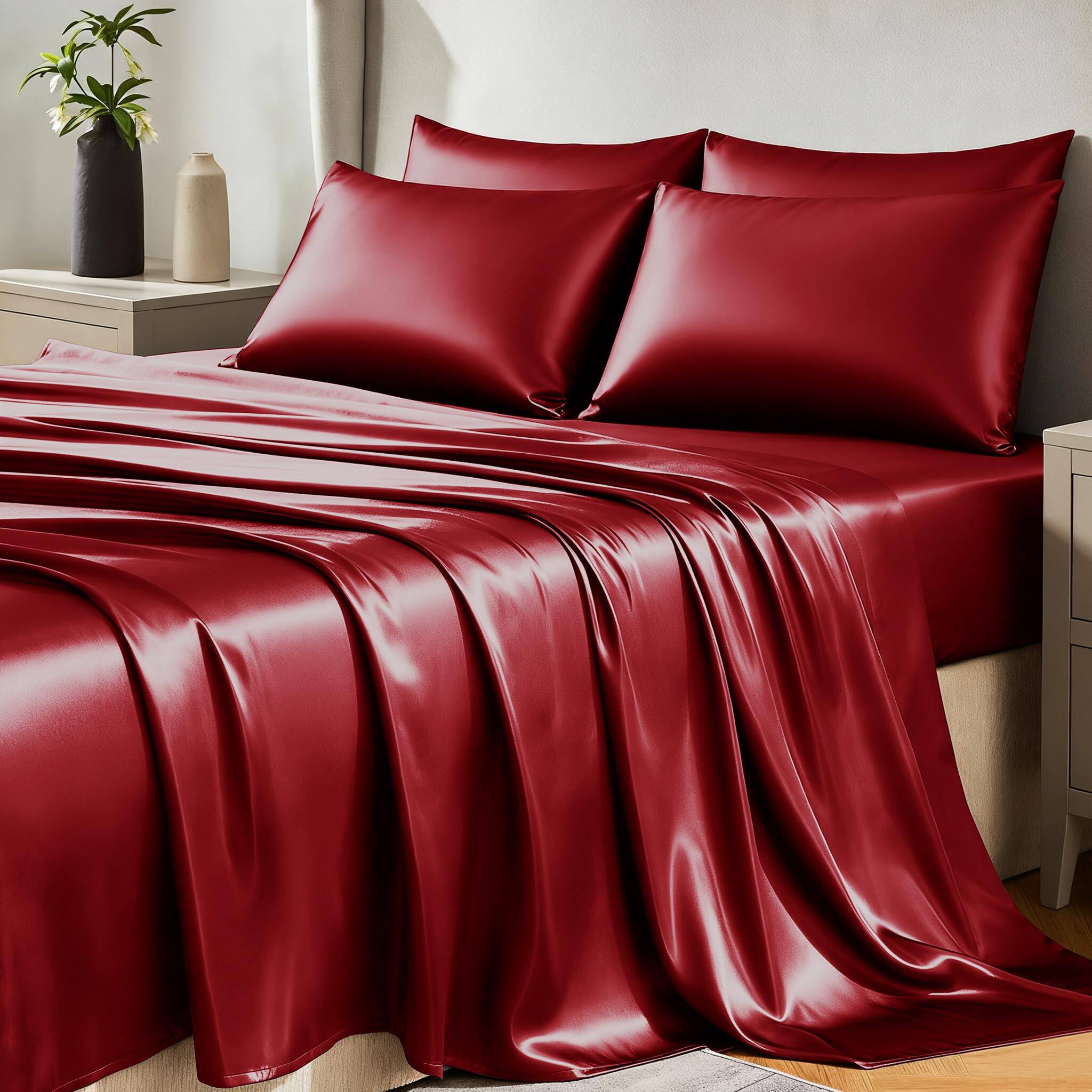 Front. Skar Audio - Satin Sheets Queen Size Bed Set - Silky Sheet Luxury With Smooth And Soft Microfiber Includes 1 Fitted Flat... - Burgundy King(6Pc).