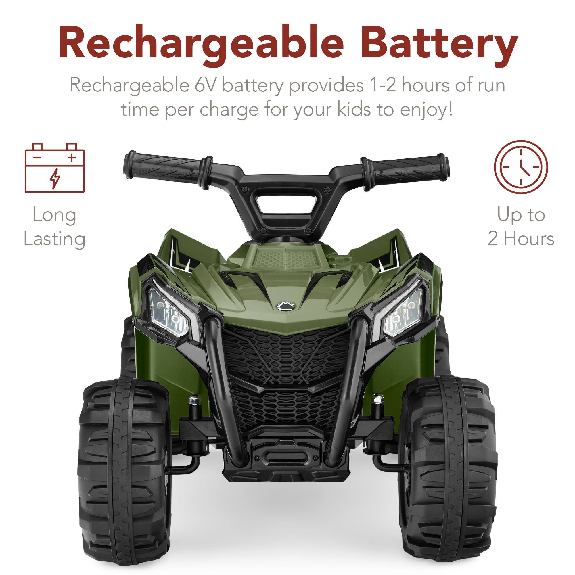 Rechargeable Battery: Rechargeable 6V battery provides 1-2 hours of run time per charge for your kids to enjoy! Long Lasting - Up to 2 Hours.