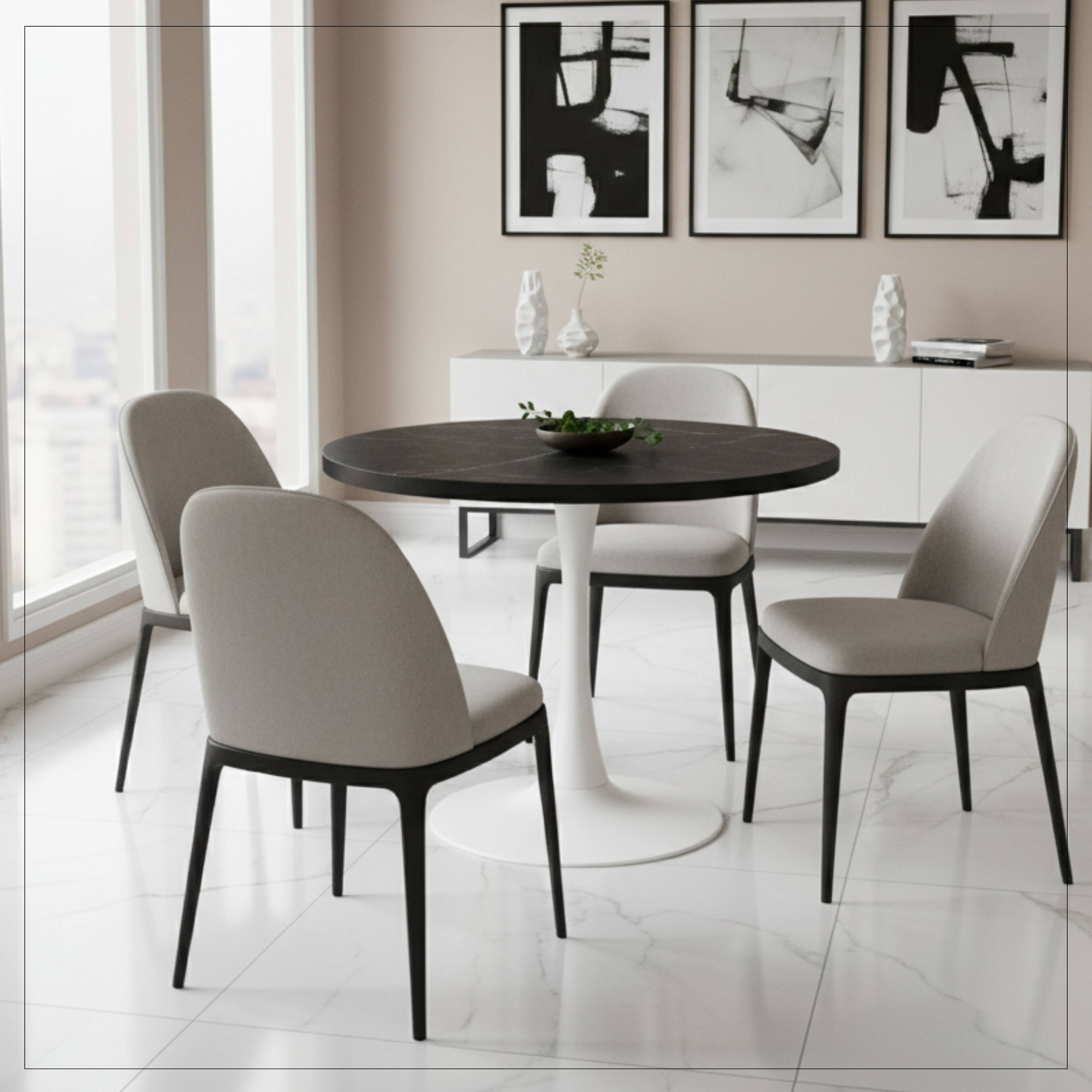 Left. LeisureMod - Bristol 36" Round Contemporary Dining Table - MDF Circular Top & White Metal Pedestal Base for Kitchens - MDF - Black.