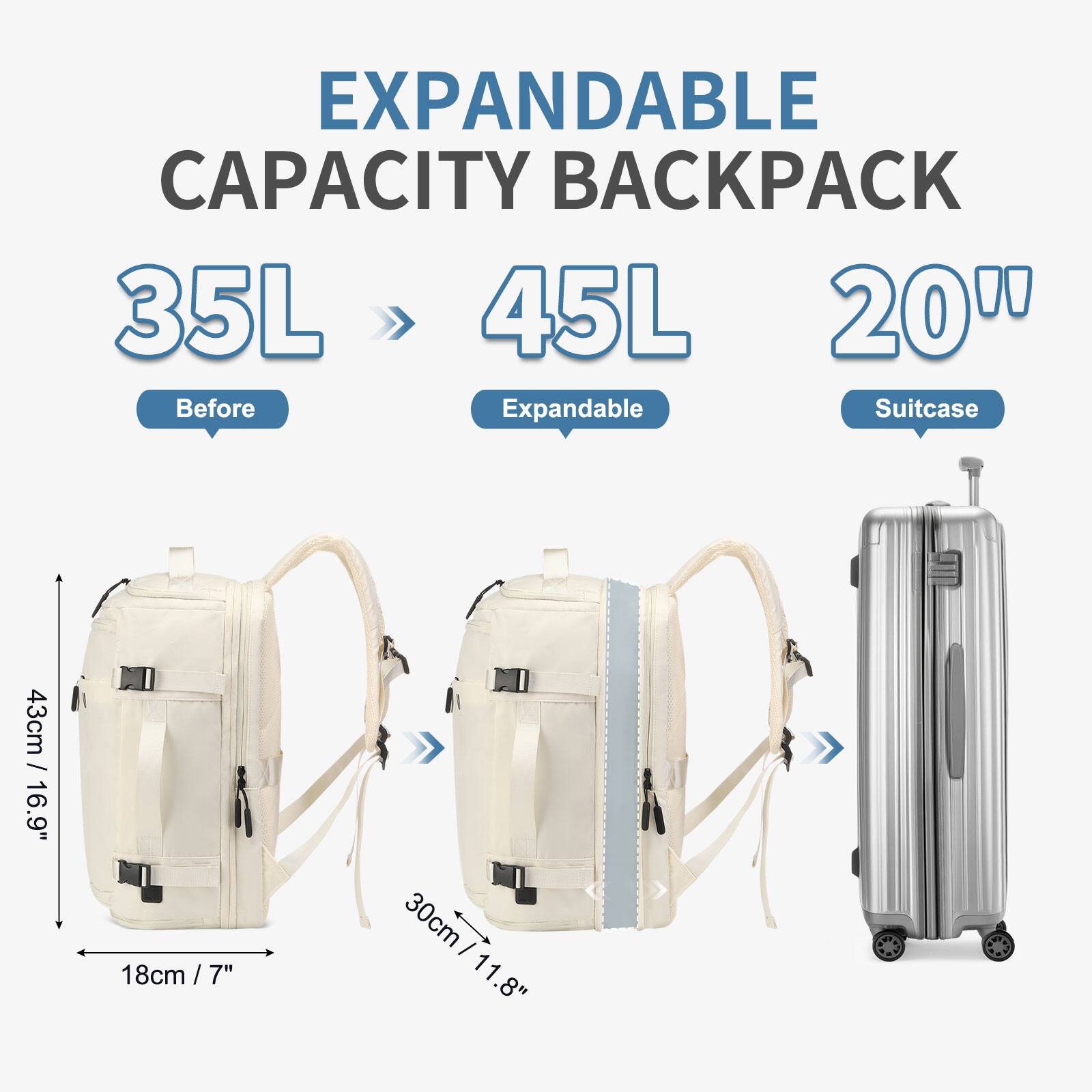 EXPANDABLE CAPACITY BACKPACK  
35L >> 45L  
20"  
Before Expandable Suitcase  
43cm / 16.9"  
18cm / 7"  
30cm / 11.8"  
30cm / 11.8"