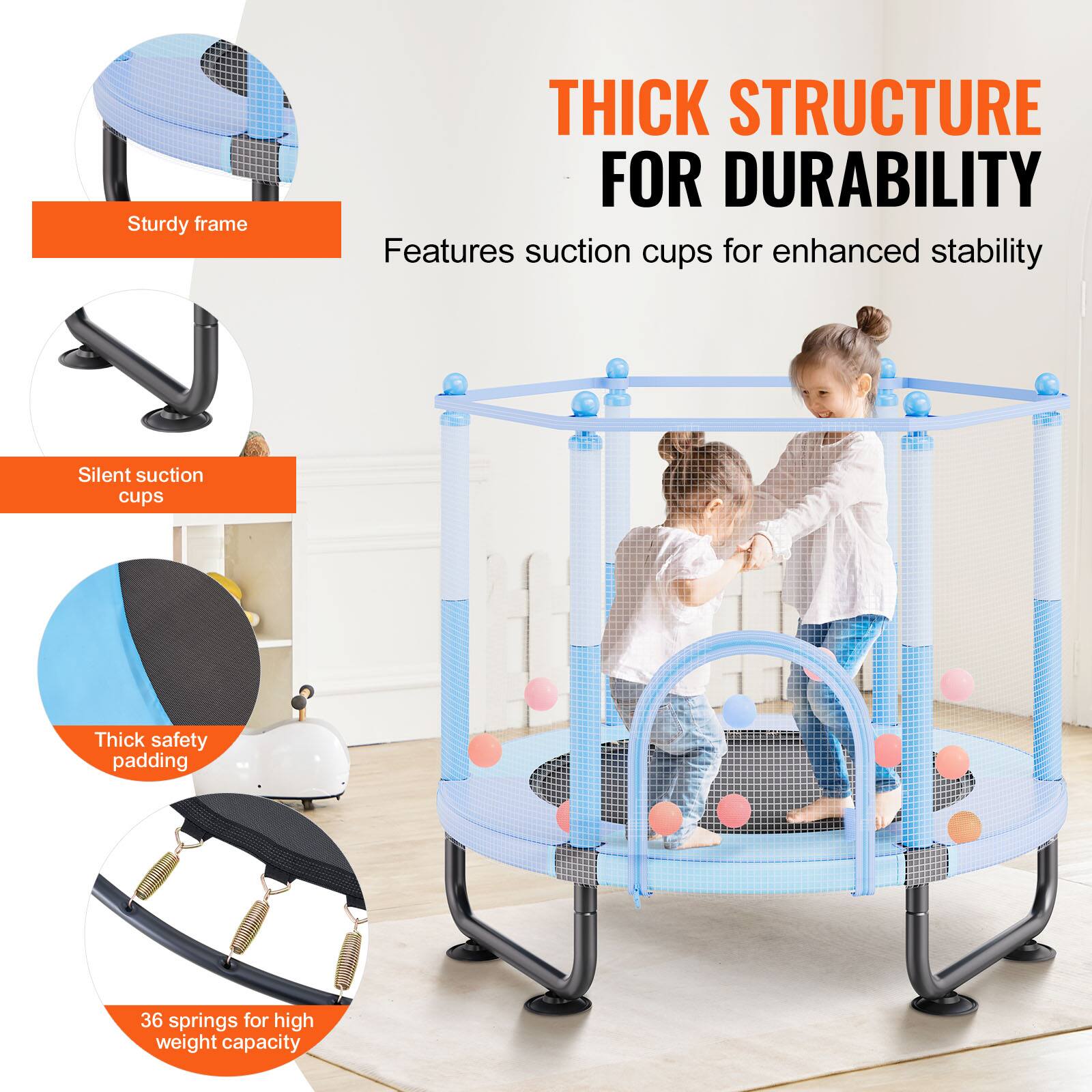 Sturdy frame with thick structure for durability. Features silent suction cups for enhanced stability. Thick safety padding. 36 springs for high weight capacity.