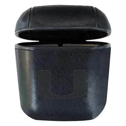 Front. OTM Essentials - Black Miami Hurricanes Faux Leather Airpods Case - Airpods Pro - Black.