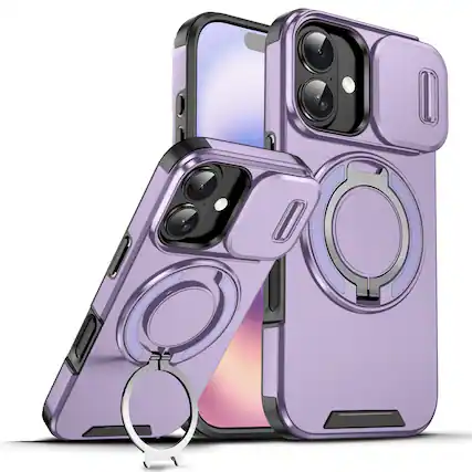Front. UUCOVER - Magnetic Case with Slide Camera Cover and 360° Ring Stand for Apple iPhone 17 - Heavy Duty Drop Protection Phone Cover - Purple.