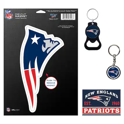 DIE-CUT MAGNET
AIMANT DÉCOUPÉ
PUSH TO REMOVE MAGNET
NEW ENGLAND
EST. 1960
PATRIOTS
NFL
NFL.COM
WinCraft
SPORTS
MADE IN THE USA
PUSH TO REMOVE MAGNET
NEW ENGLAND
EST. 1960
PATRIOTS