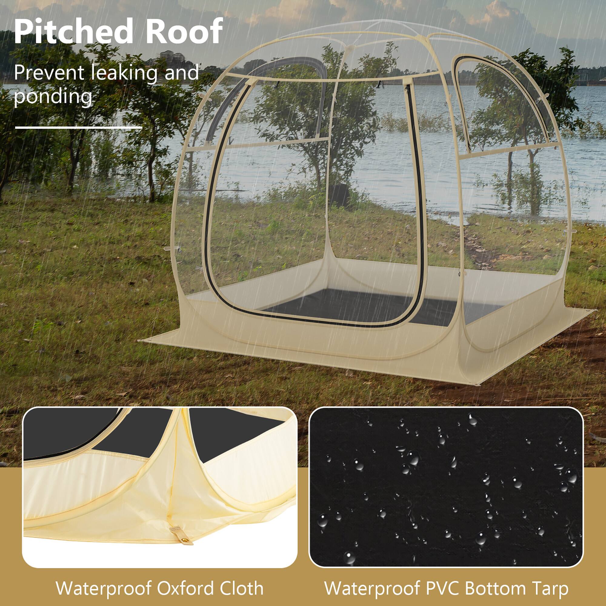 Pitched Roof  
Prevent leaking and ponding  

Waterproof Oxford Cloth  
Waterproof PVC Bottom Tarp