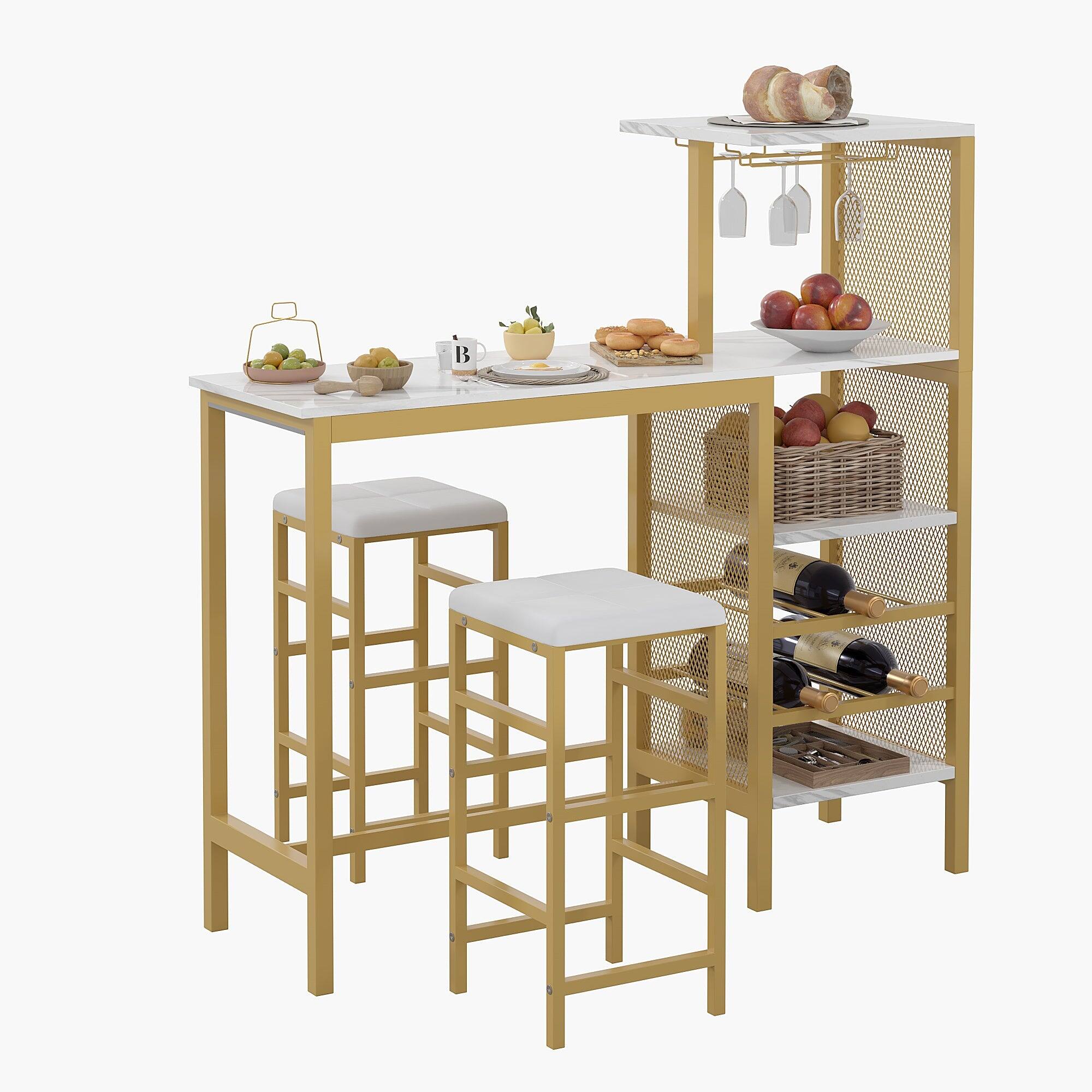 Front. Vecelo - 3-Piece Bar Table Set with Storage Shelves and 2 PU Leather Bar Stools, Space-Saving Pub Dining Set - Gold.
